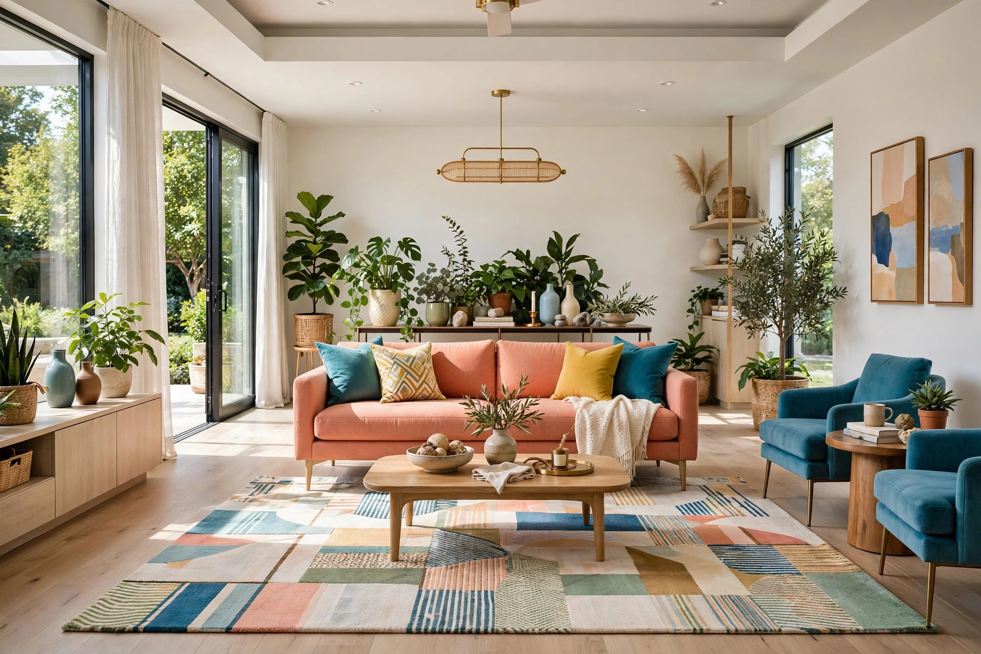 Modern living room with the sofa floated off the wall around a central rug, a slim console and plants styled behind it