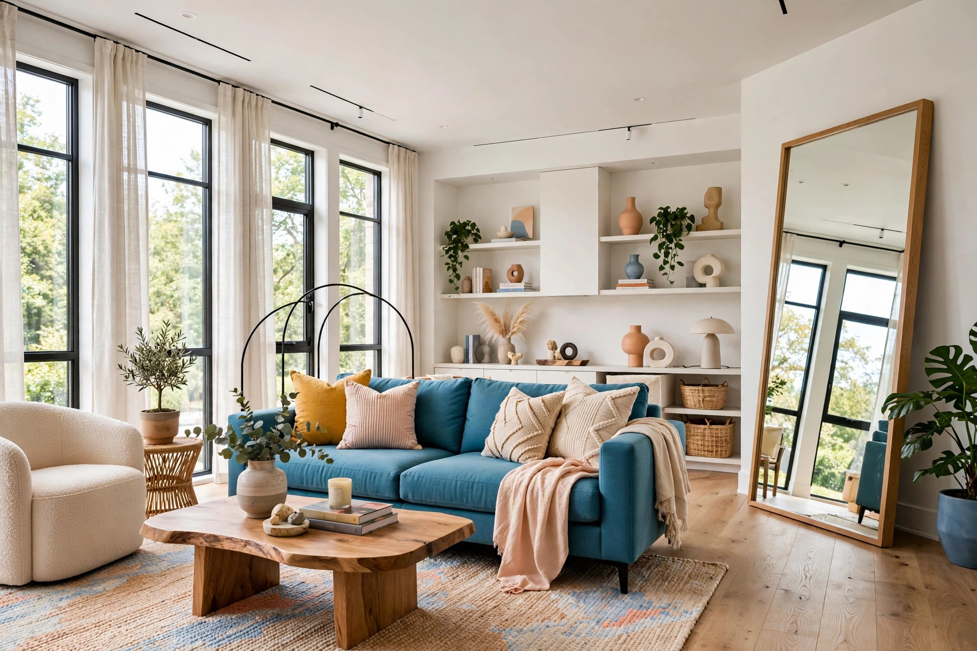 Bright modern living room with a tall leaning mirror opposite the window doubling daylight across the seating area