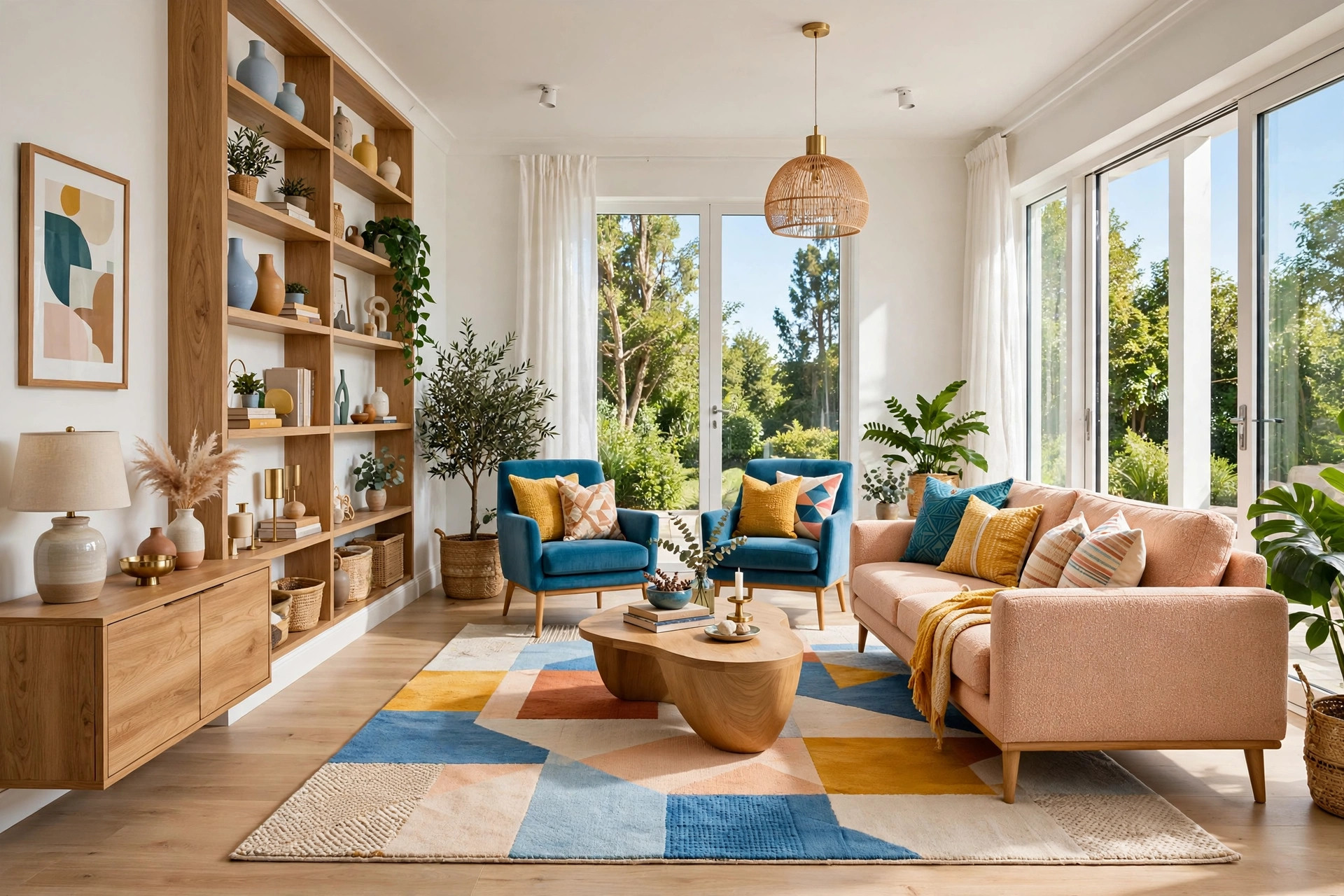 Modern living room with one large low-pile area rug running under the front legs of the sofa and armchairs