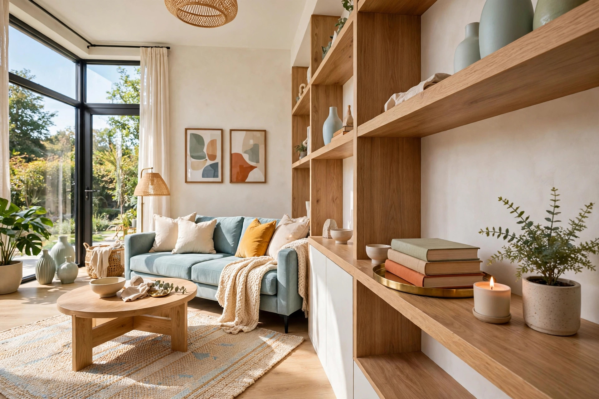 Styled modern living room shelf vignette with a tray, stacked books, a candle, and a small plant with breathing room