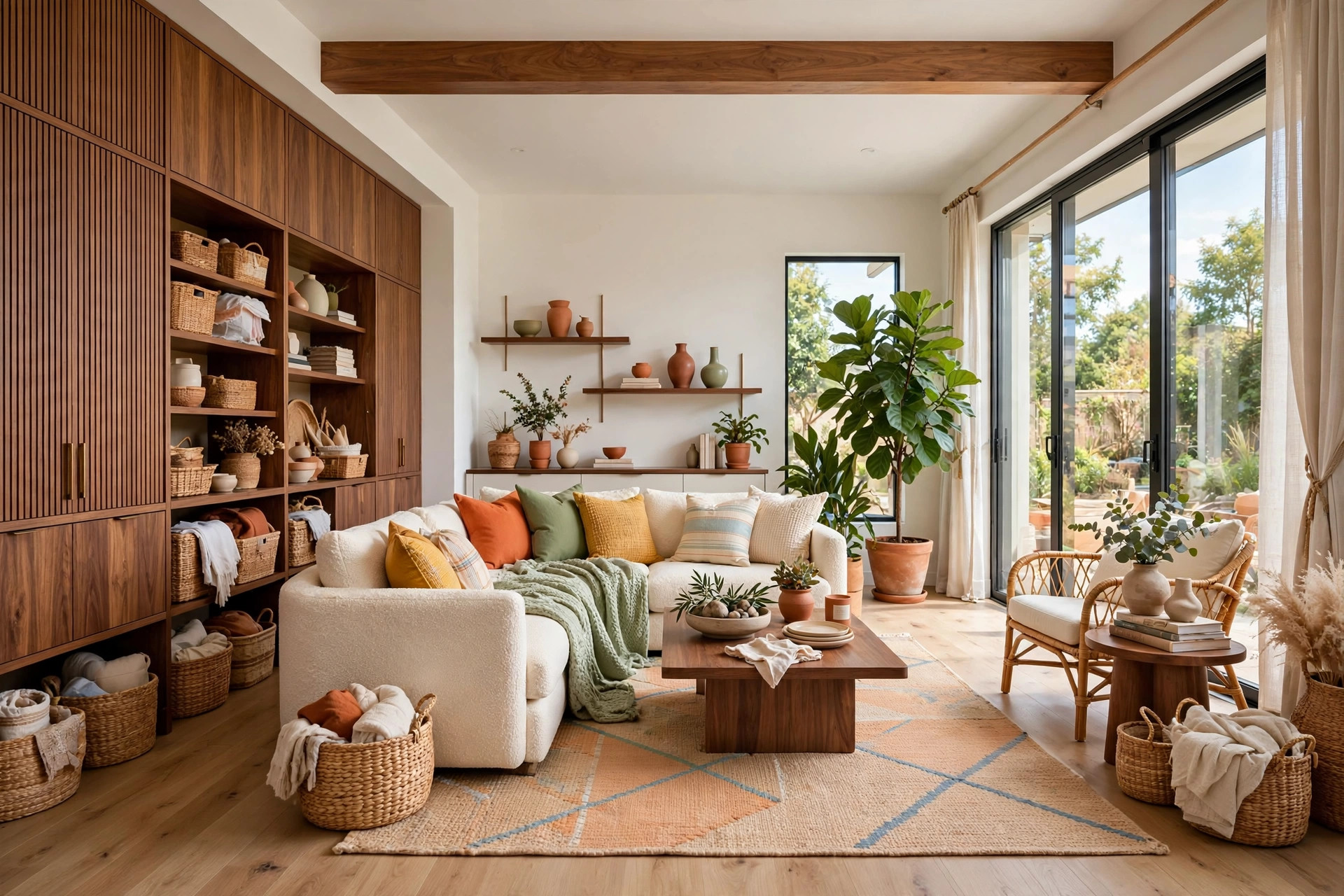 Modern living room finished with walnut wood accents, woven baskets, and a tall leafy plant in a terracotta pot