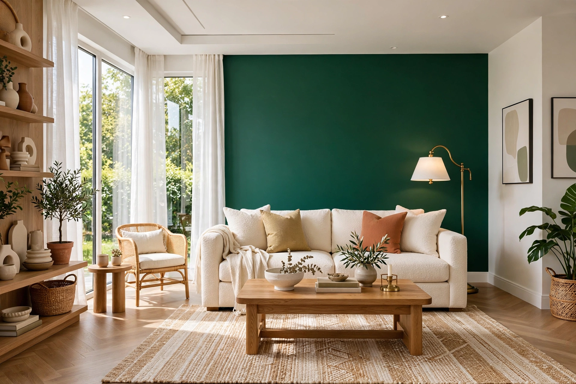 Bright modern living room with a deep green painted accent wall behind a cream sofa