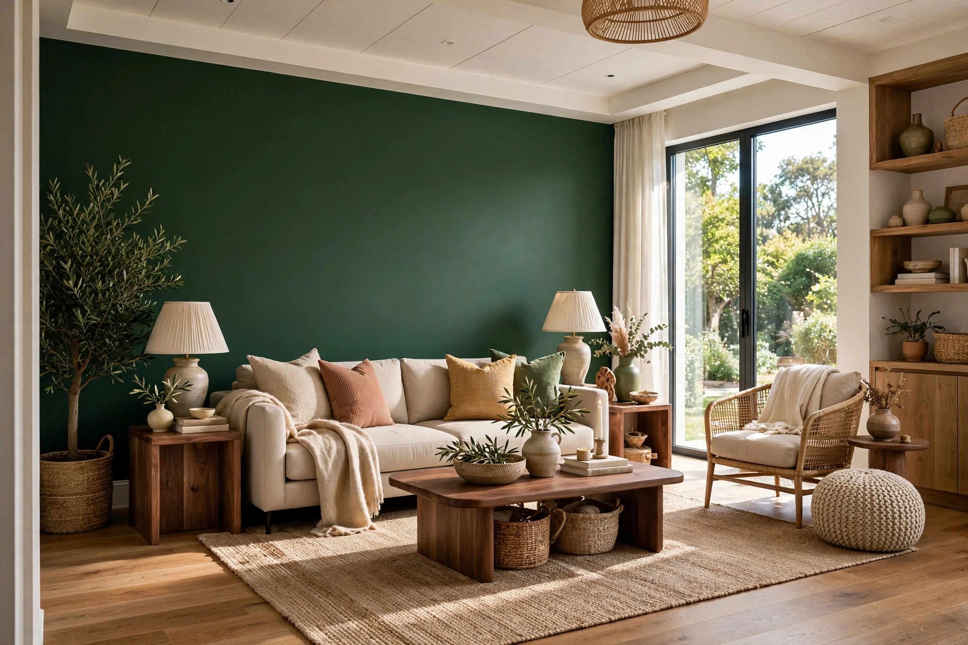 Living room with deep forest green painted accent wall behind a modern sofa
