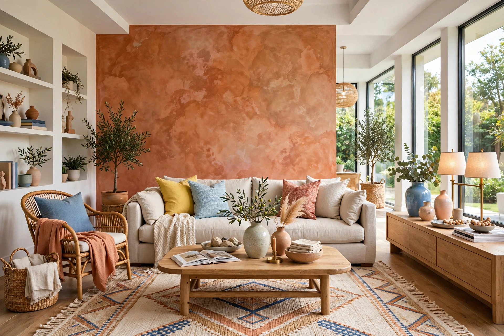 Living room with limewash textured clay-colored accent wall behind seating area