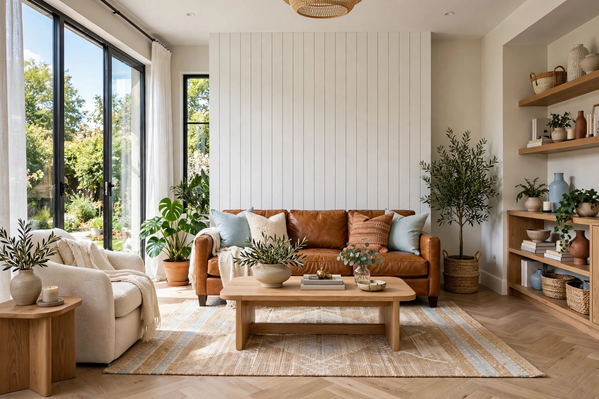 Bright living room with vertical white shiplap accent wall behind sofa