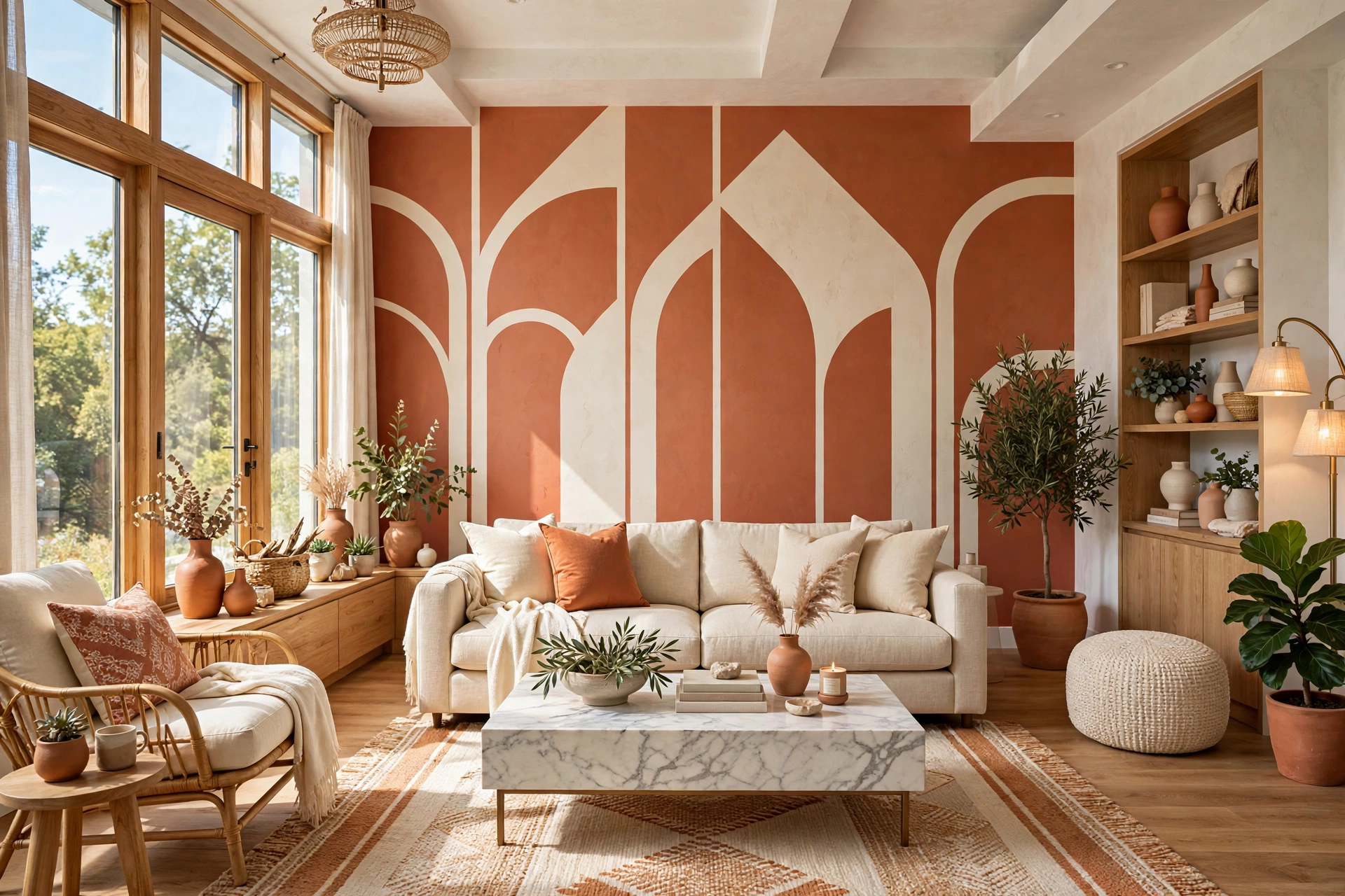 Modern living room with bold geometric painted pattern accent wall in warm tones