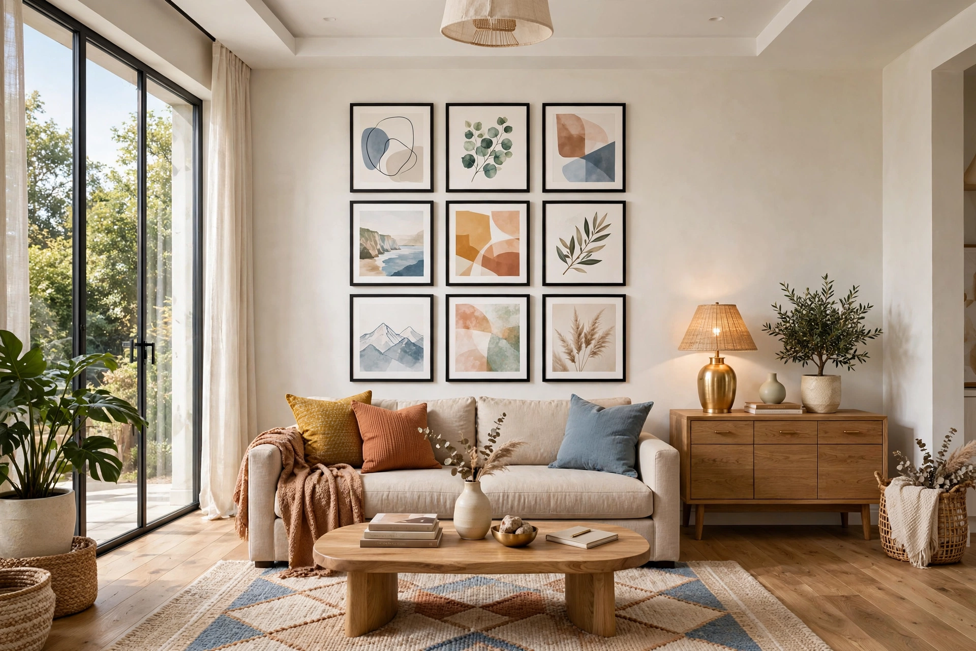 Living room gallery wall with curated framed art above a sofa