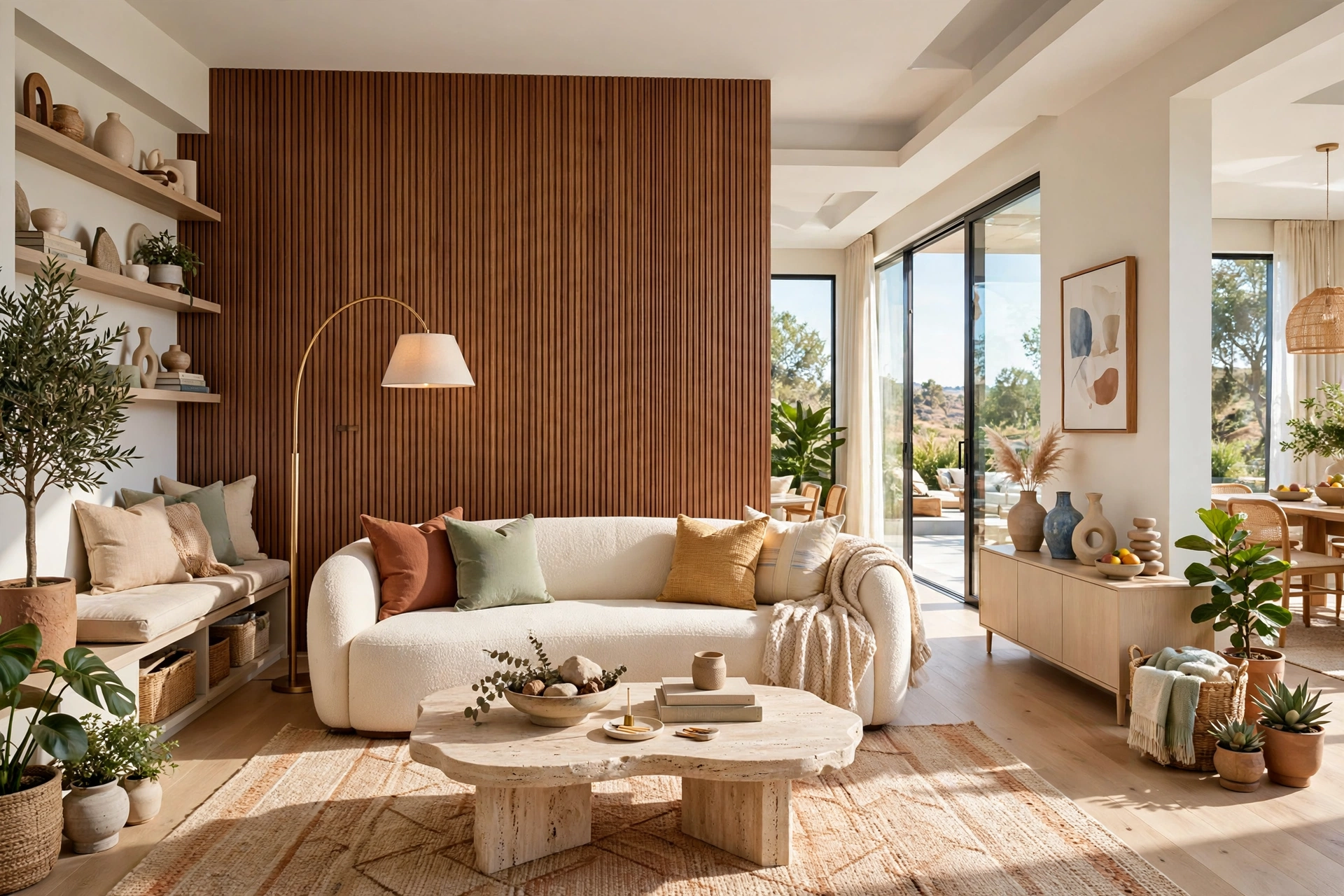Living room with warm wood slat panel accent wall behind the sofa
