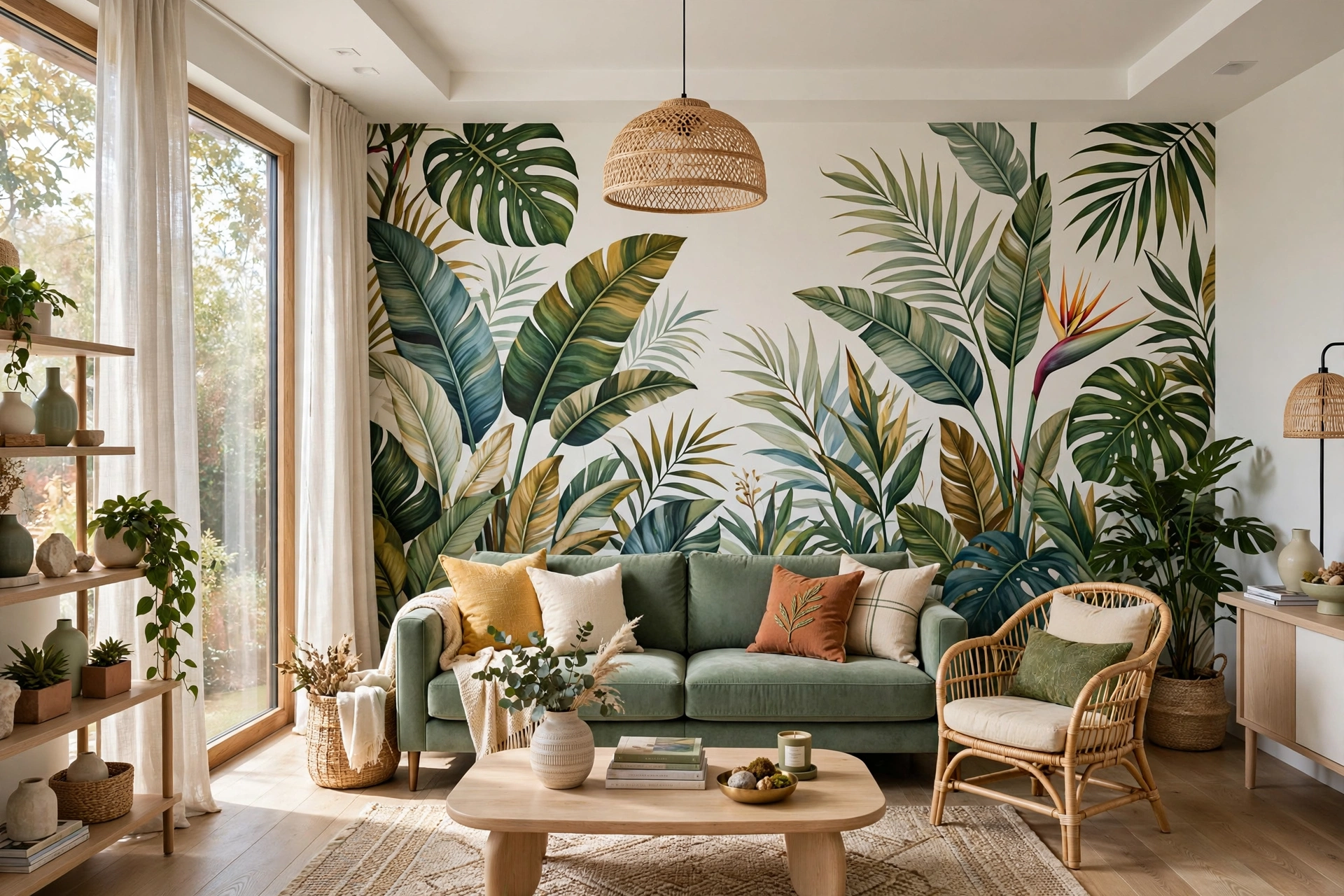 Living room with large-scale botanical mural wallpaper accent wall