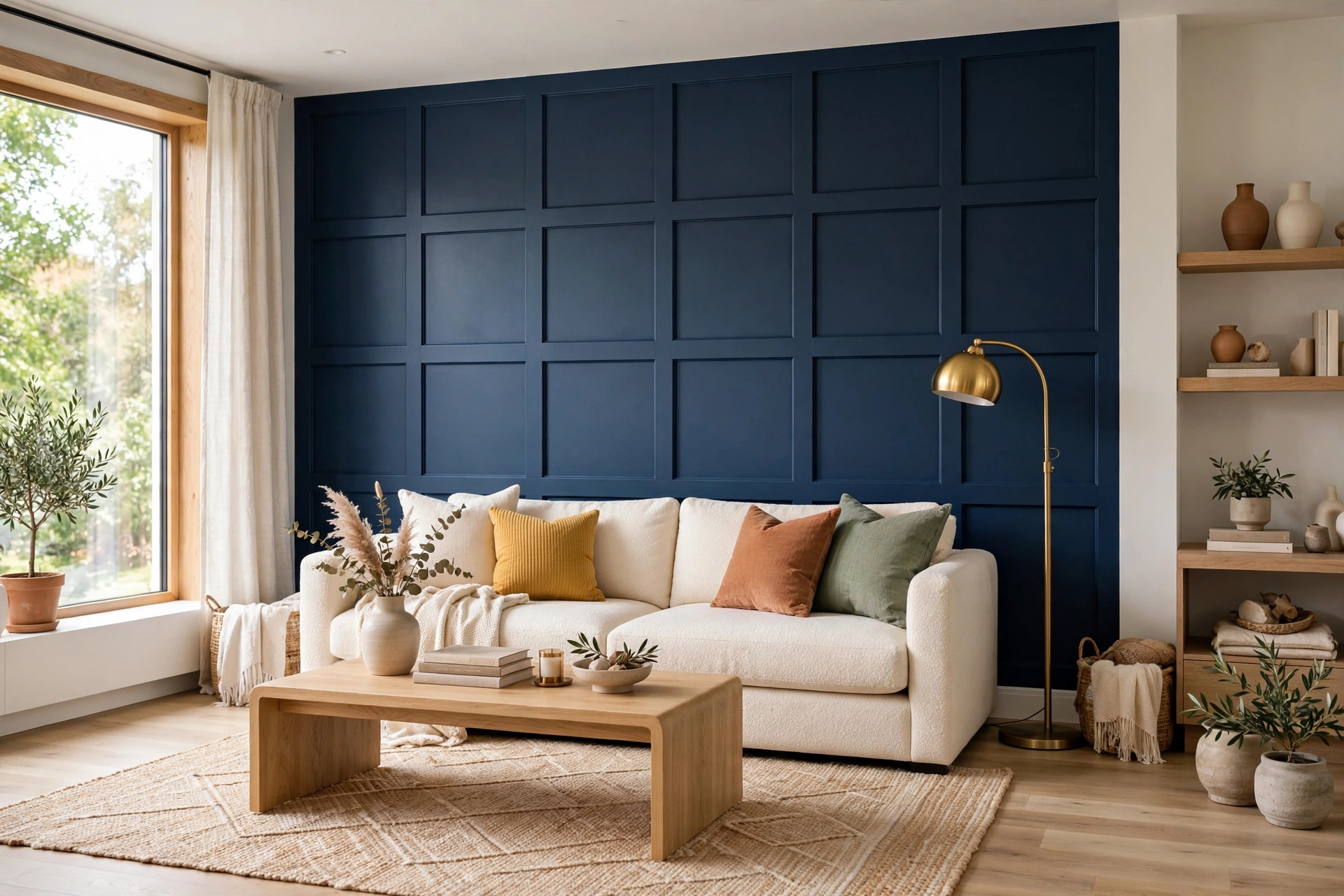 Living room with board-and-batten grid accent wall painted deep blue