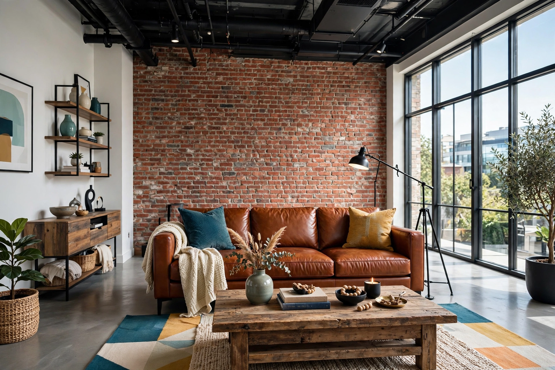 Industrial modern living room with exposed brick accent wall and leather sofa