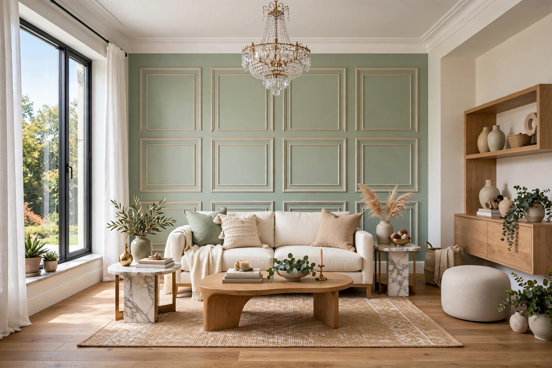 Elegant living room with picture-frame molding accent wall painted sage green