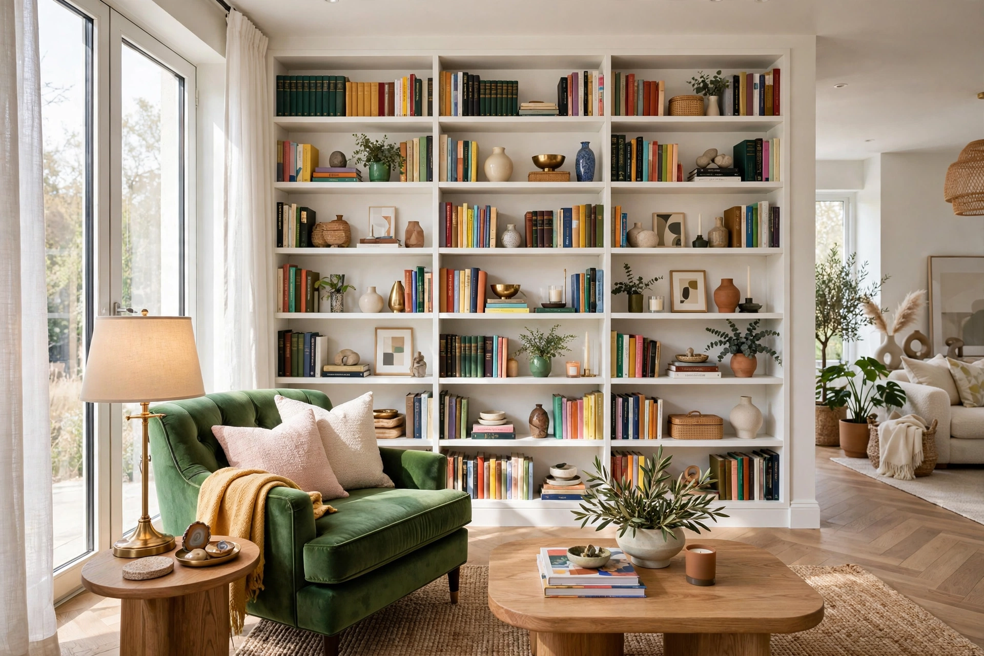 Cozy living room with floor-to-ceiling bookshelf accent wall filled with books