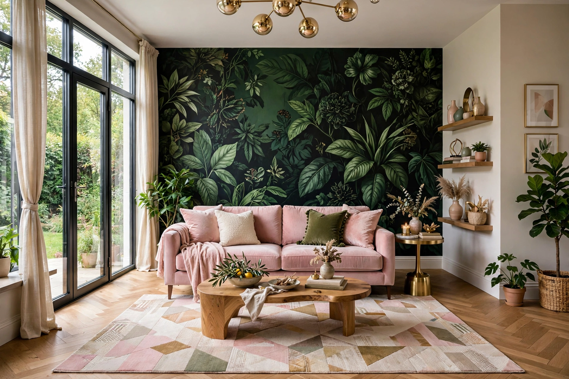 Moody living room with dark botanical floral wallpaper accent wall