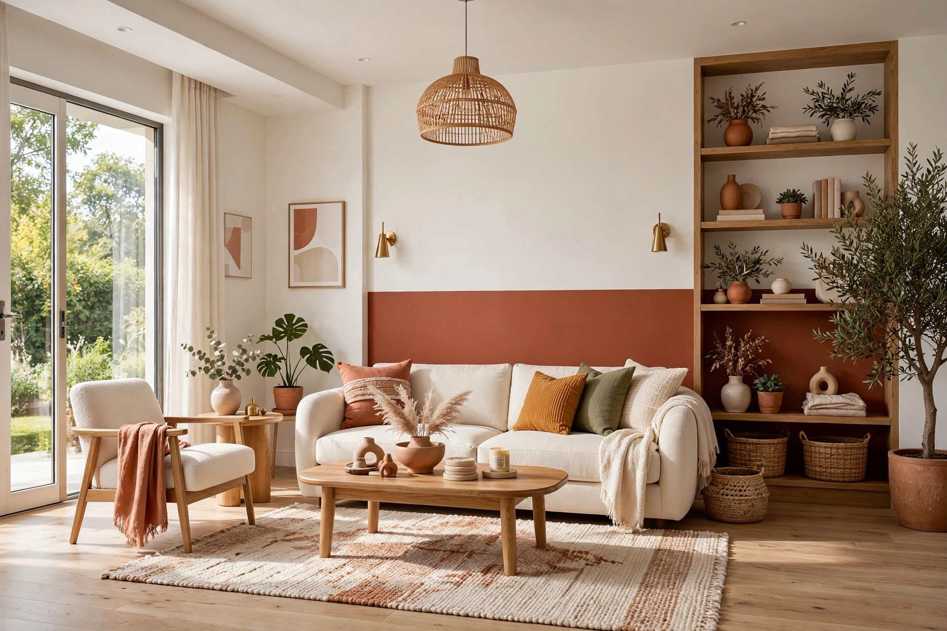 Modern living room with two-tone color-block painted accent wall