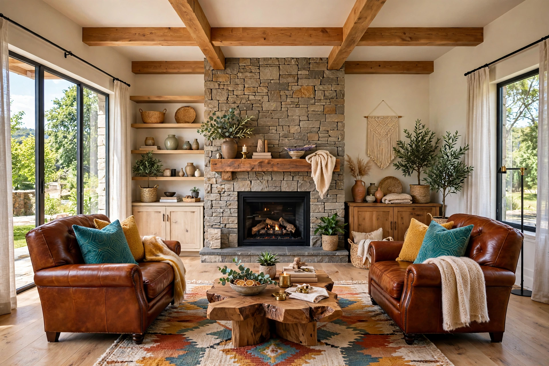 Rustic living room with stone veneer accent wall behind fireplace
