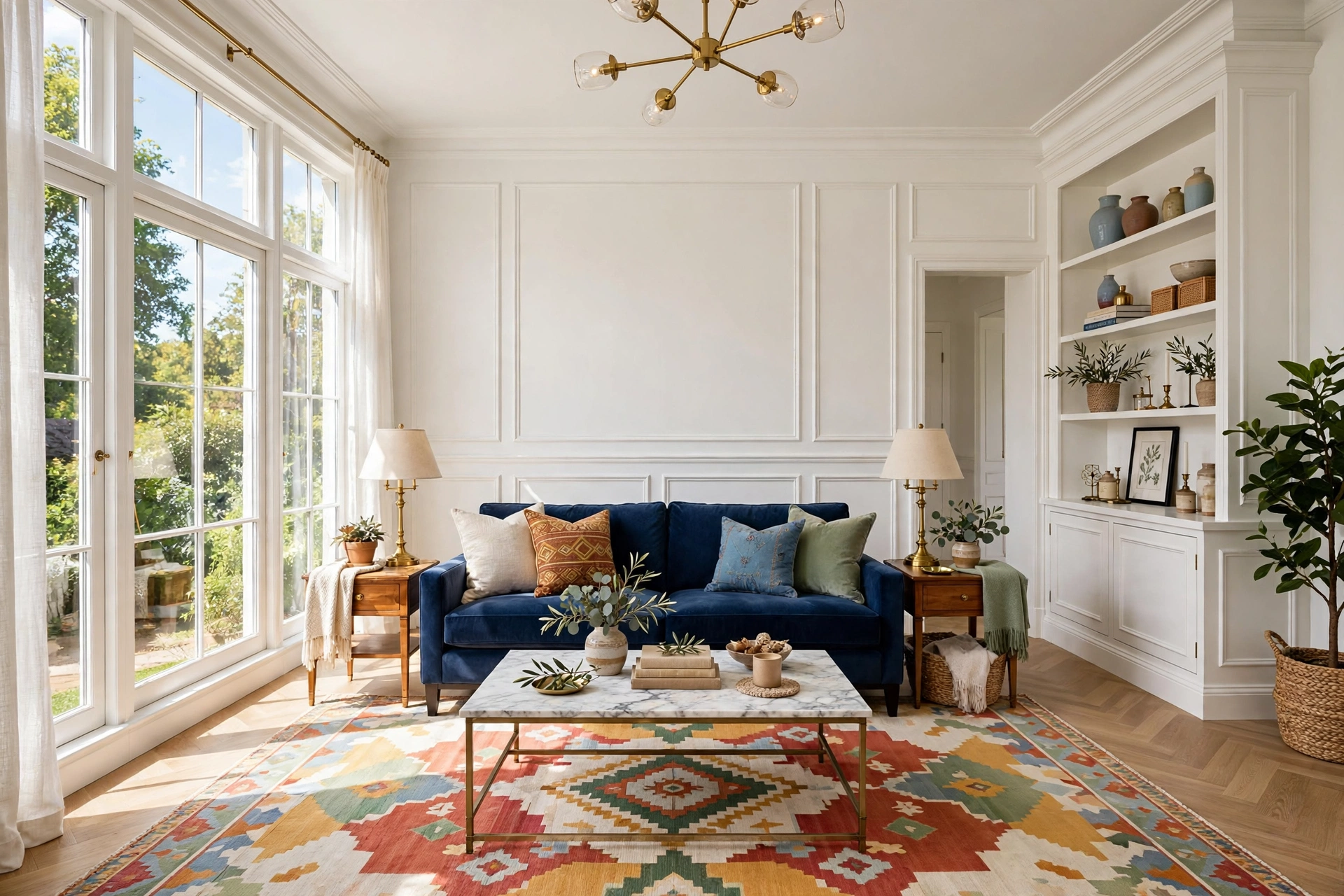 Traditional living room with classic white wainscoting accent wall