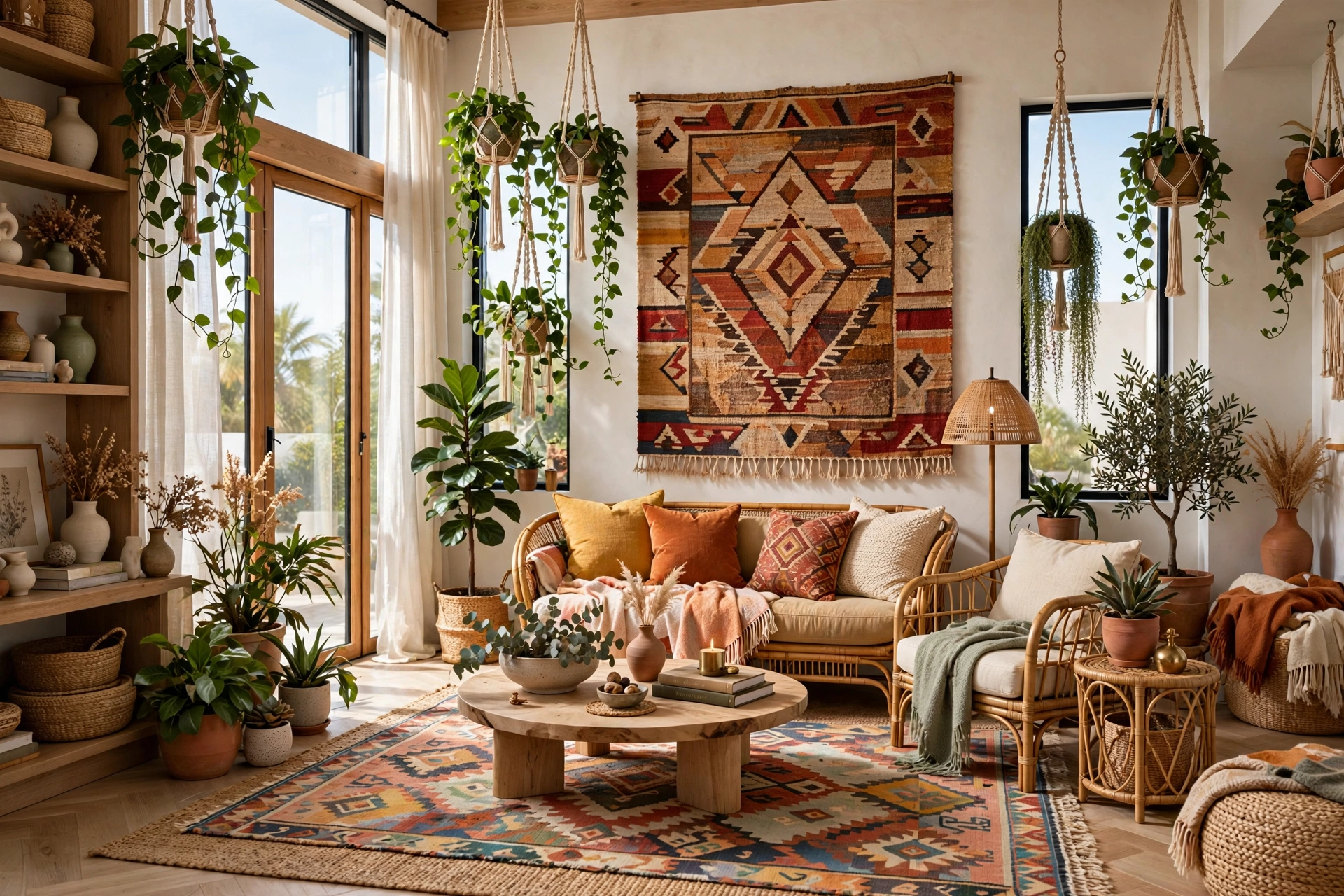 Bohemian living room with oversized woven tapestry hanging as accent wall