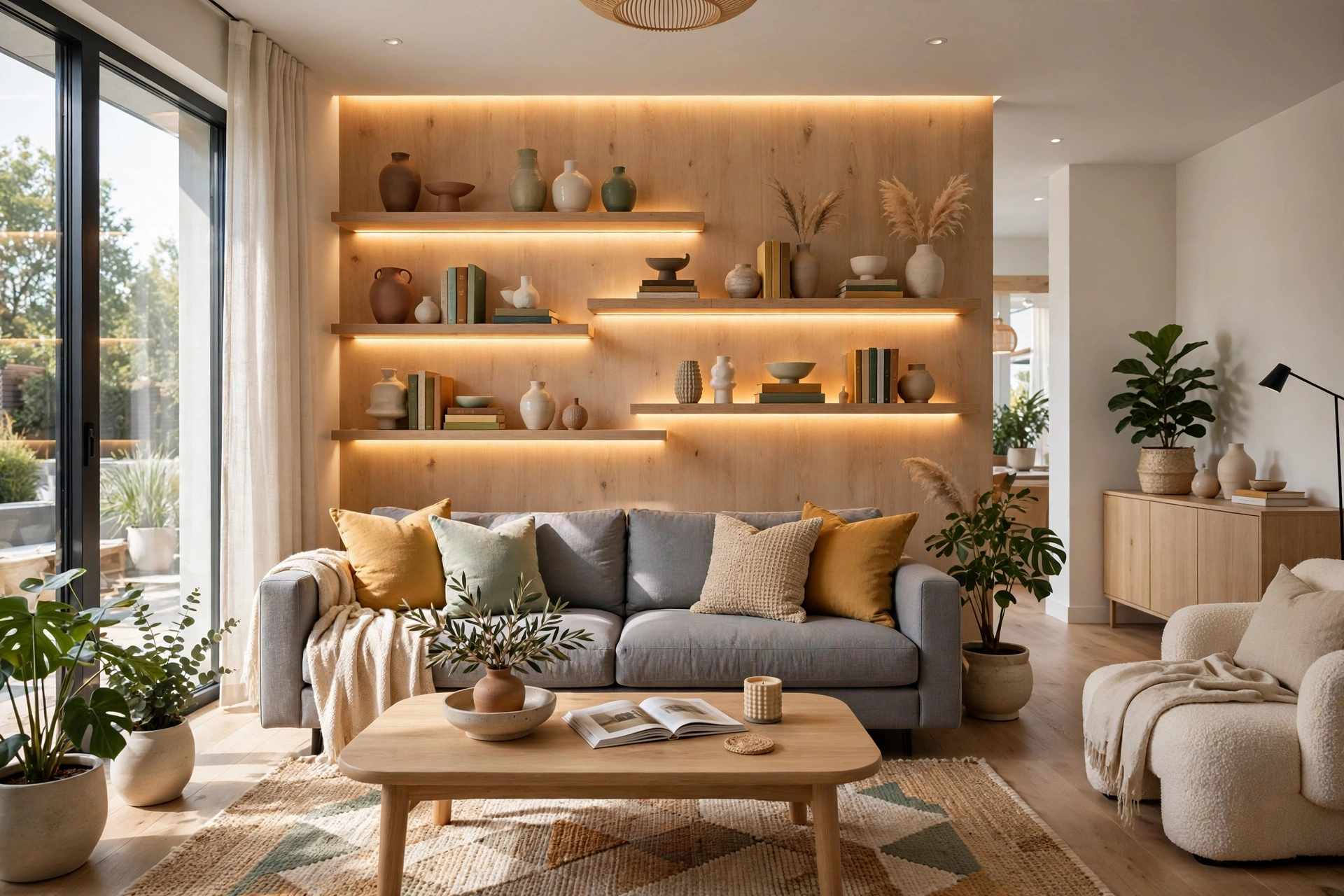 Modern living room with floating shelves and warm LED lighting accent wall