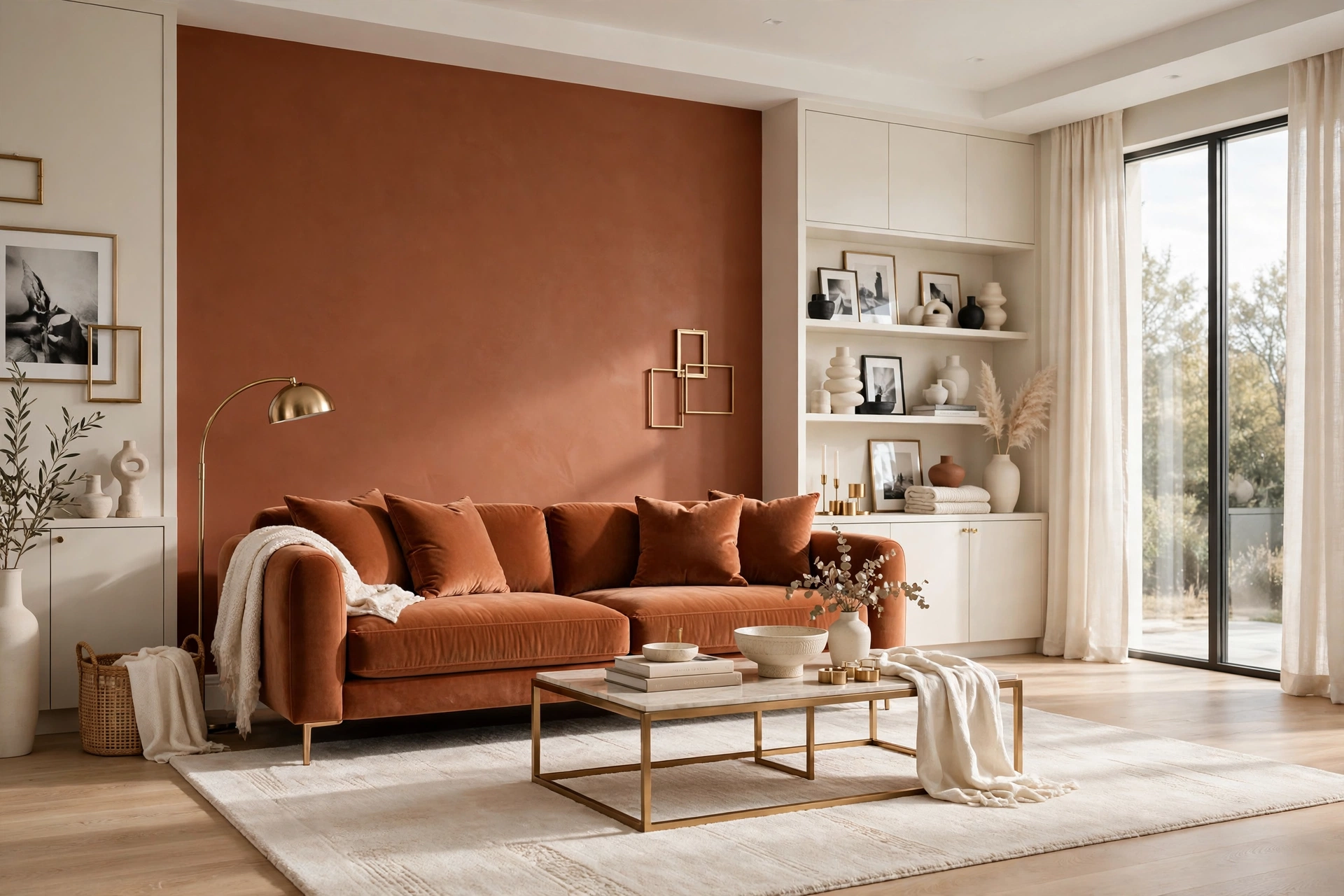 Sophisticated living room with terracotta wall matched to terracotta sofa