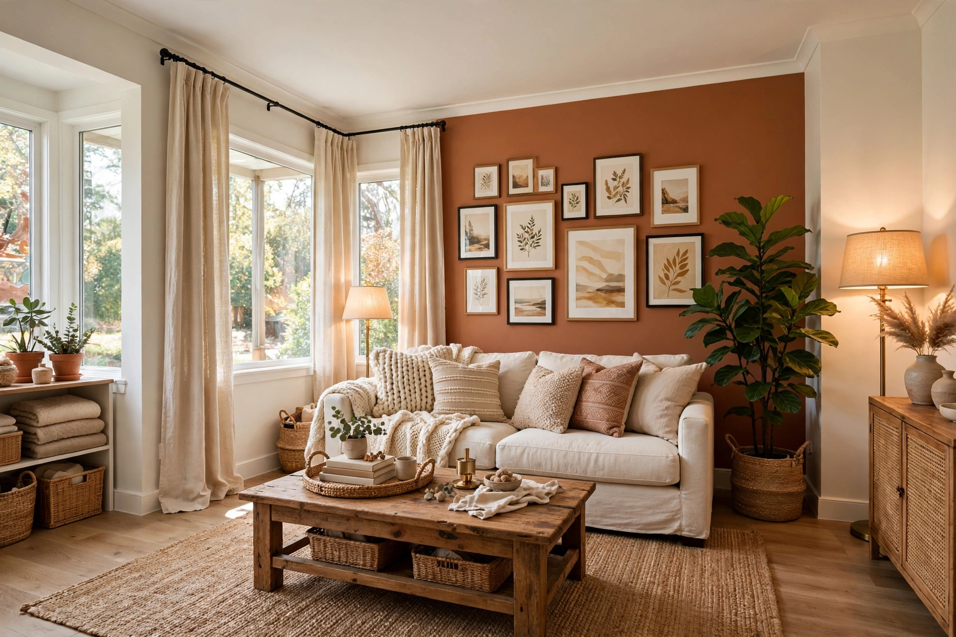 Bright modern living room makeover on a budget with fresh white walls, colorful throw pillows, a thrifted area rug, and warm layered lighting