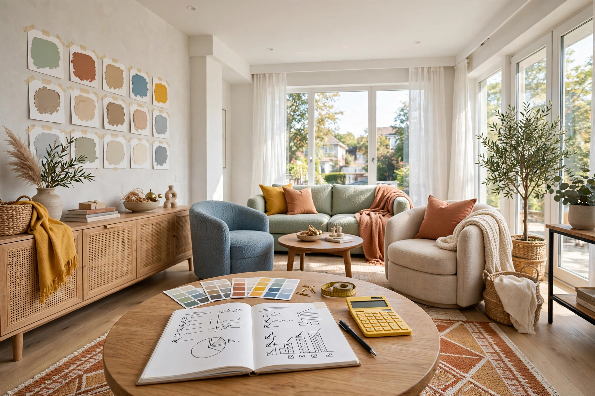 Bright modern living room with a planning notebook and tape measure on a wooden coffee table