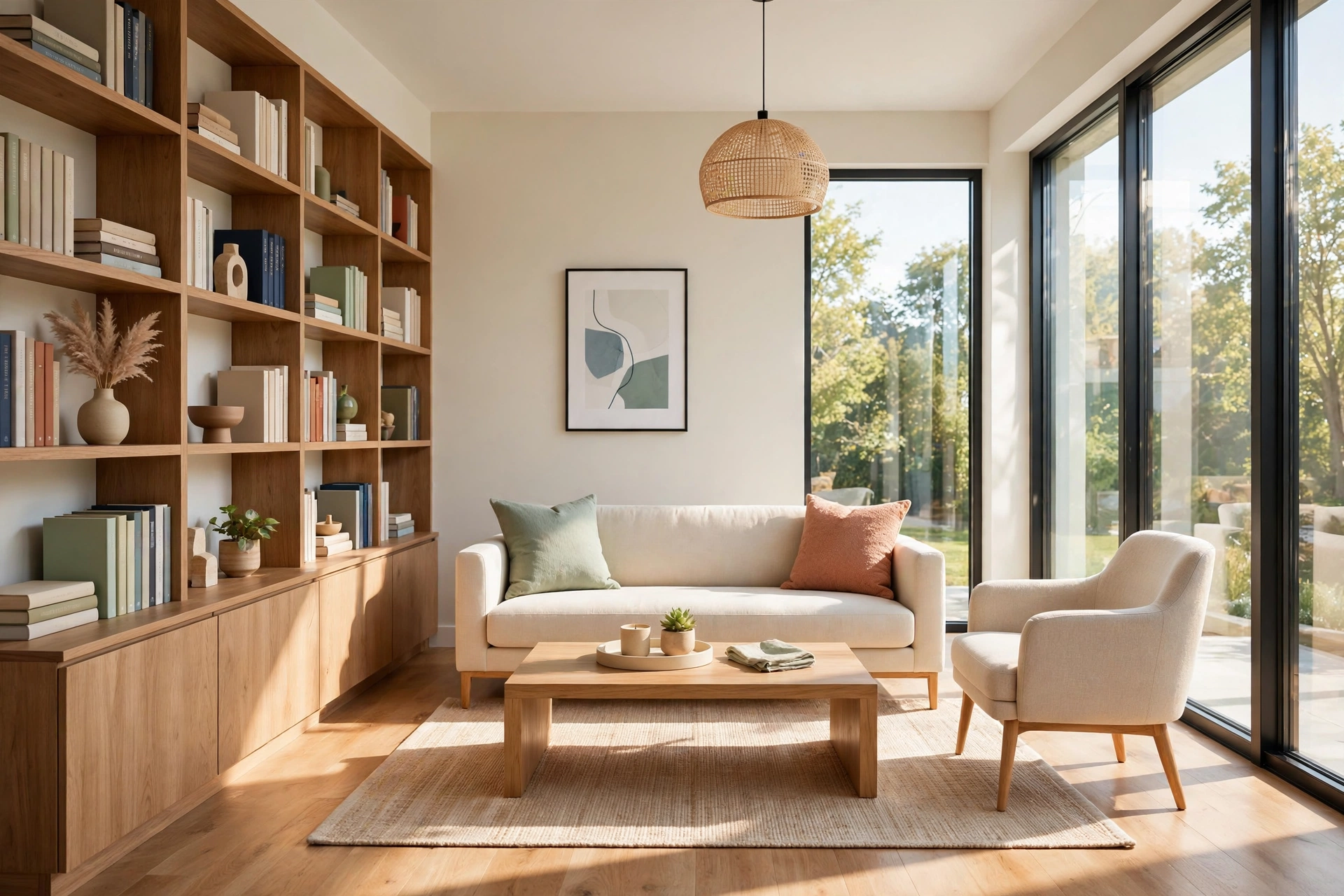 Sparkling clean bright living room with decluttered shelves, washed windows, and tidy minimalist styling