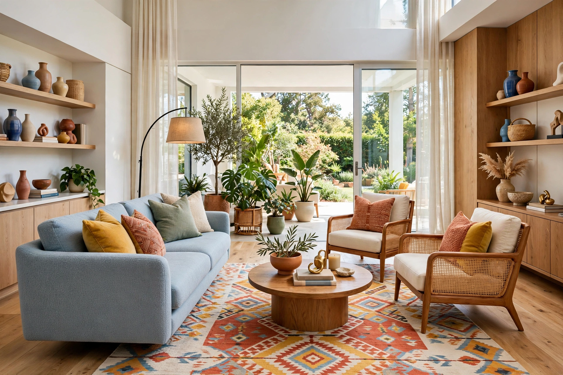 Bright living room with sofa floated away from the wall and an armchair angled toward a large sunny window