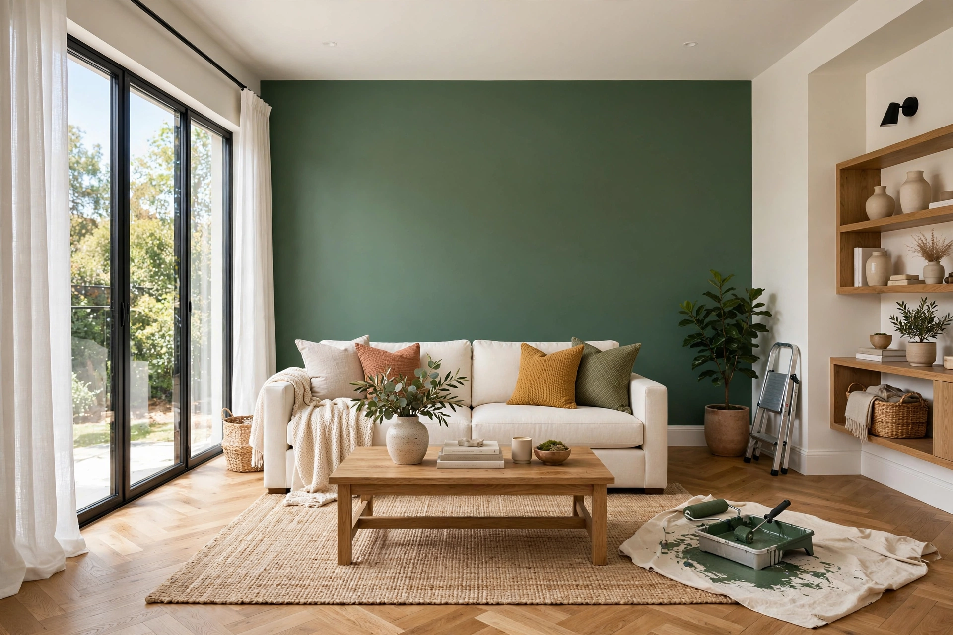 Bright living room with one deep green painted accent wall behind a neutral sofa