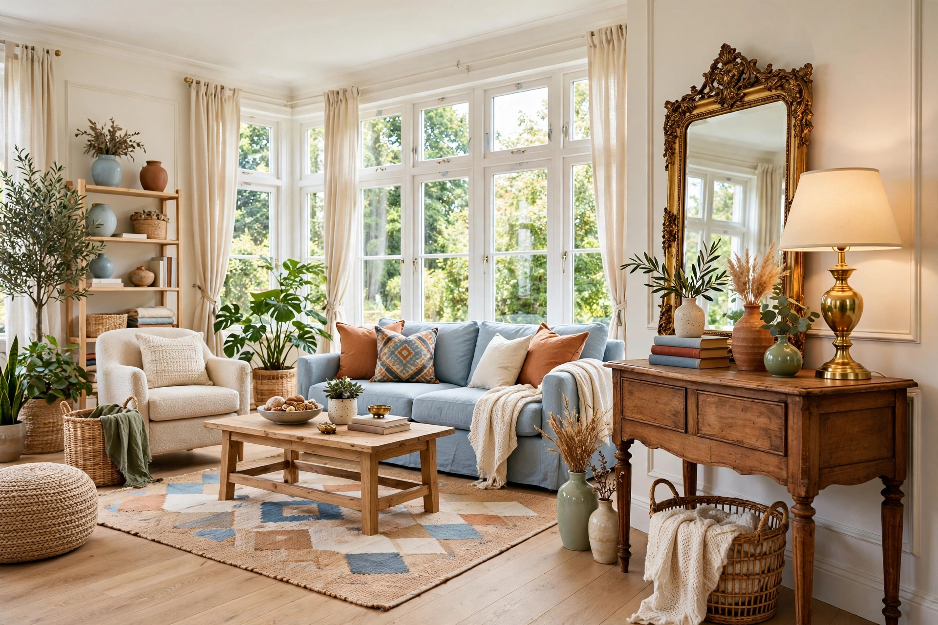 Bright living room styled with a thrifted wooden coffee table and vintage armchair