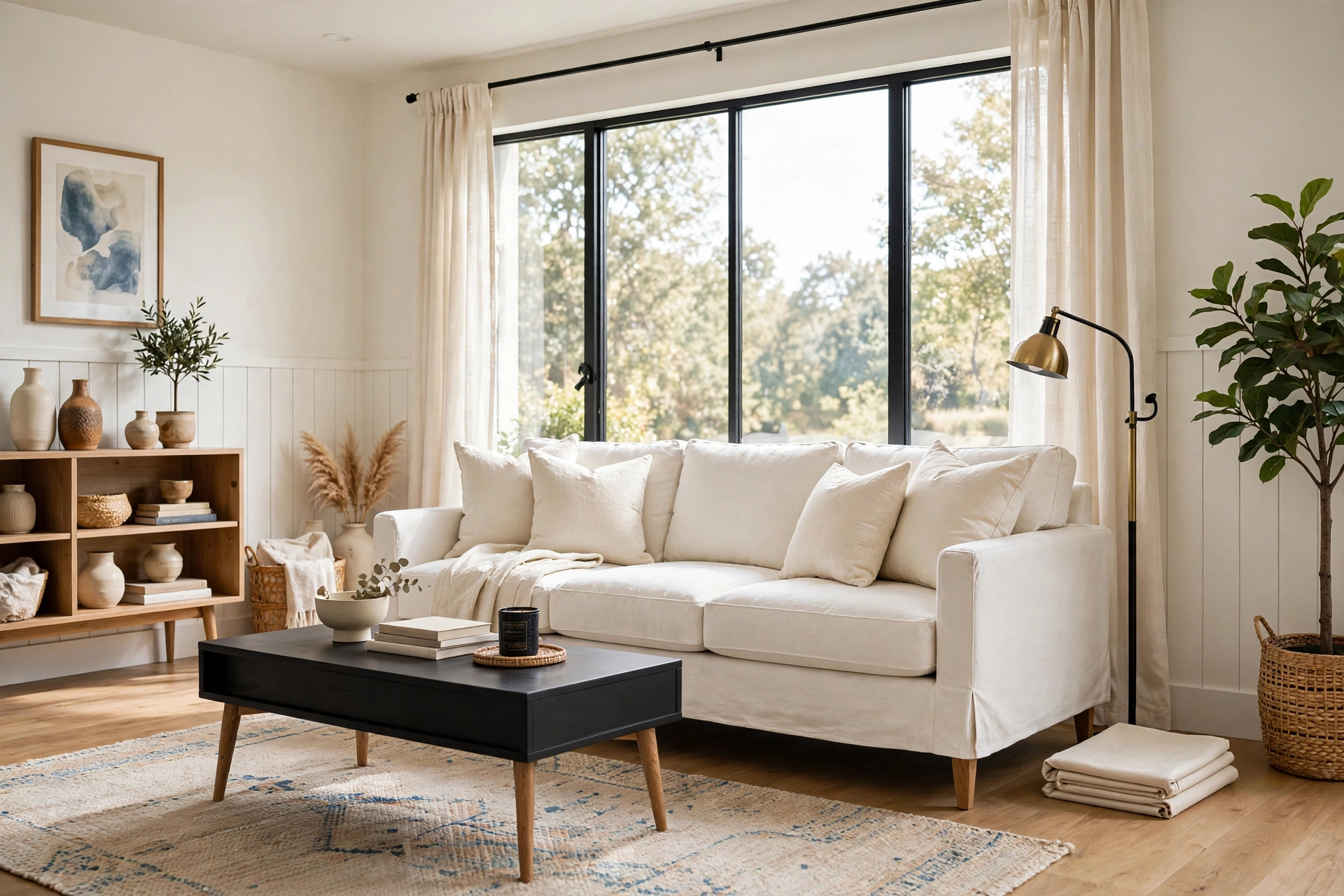 Bright living room with a slipcovered sofa and freshly painted white side tables