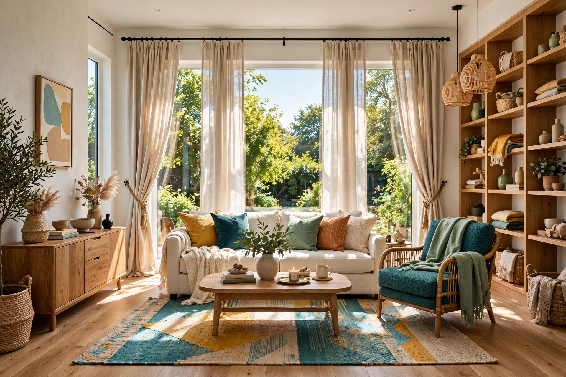 Bright living room with floor-length DIY curtains hung high and wide over tall windows