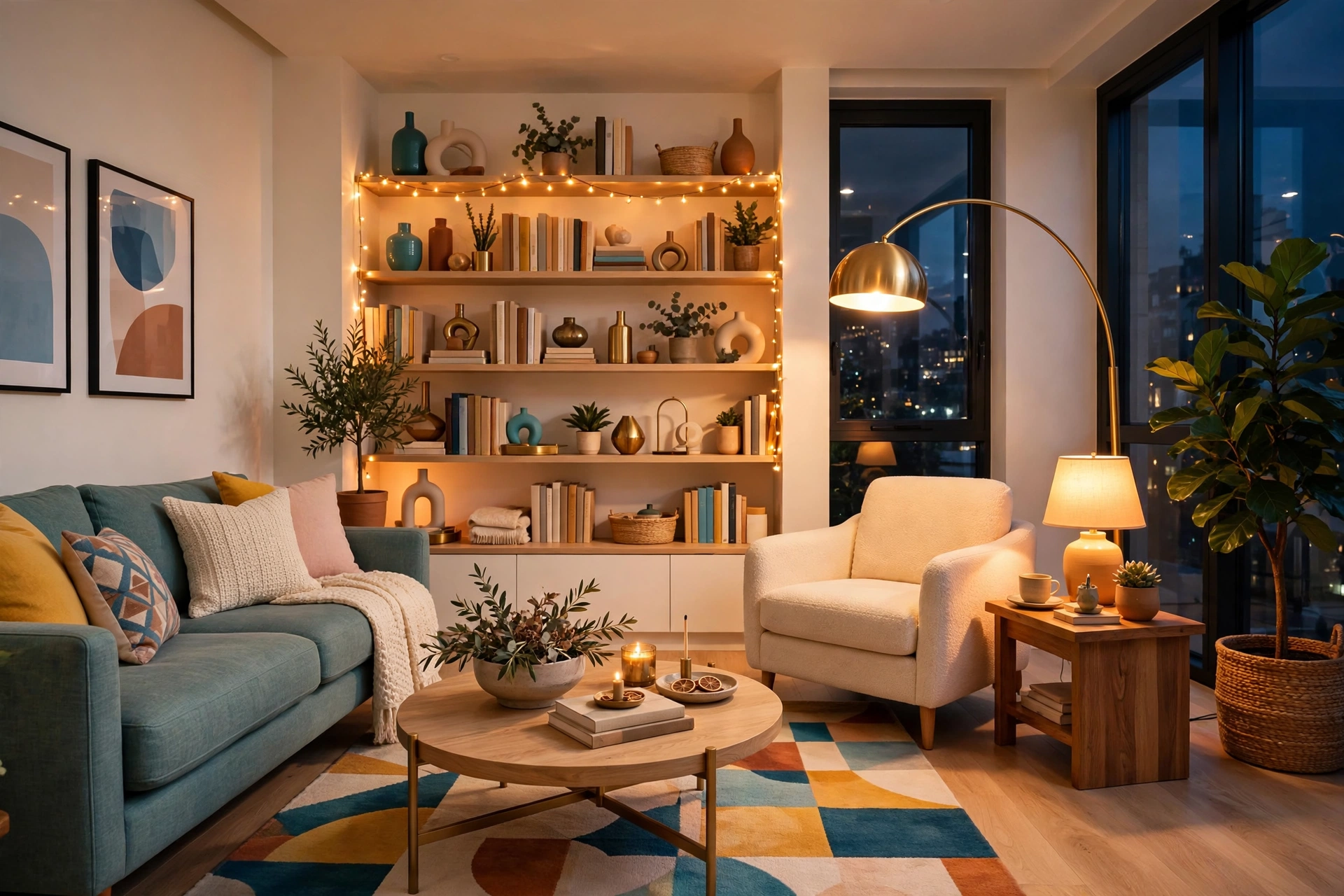 Bright living room with warm layered lighting from a floor lamp, table lamp, and string lights