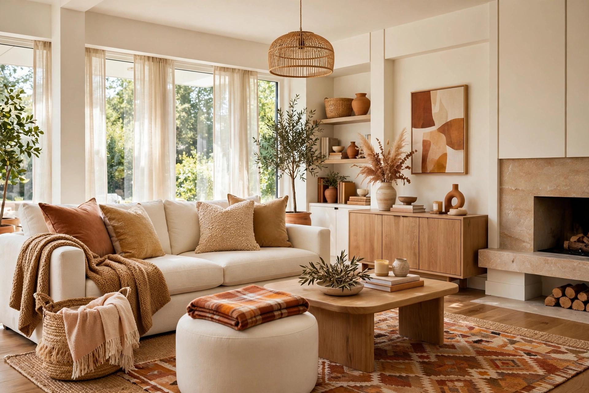 Bright living room sofa layered with textured throw pillows and a chunky knit throw blanket