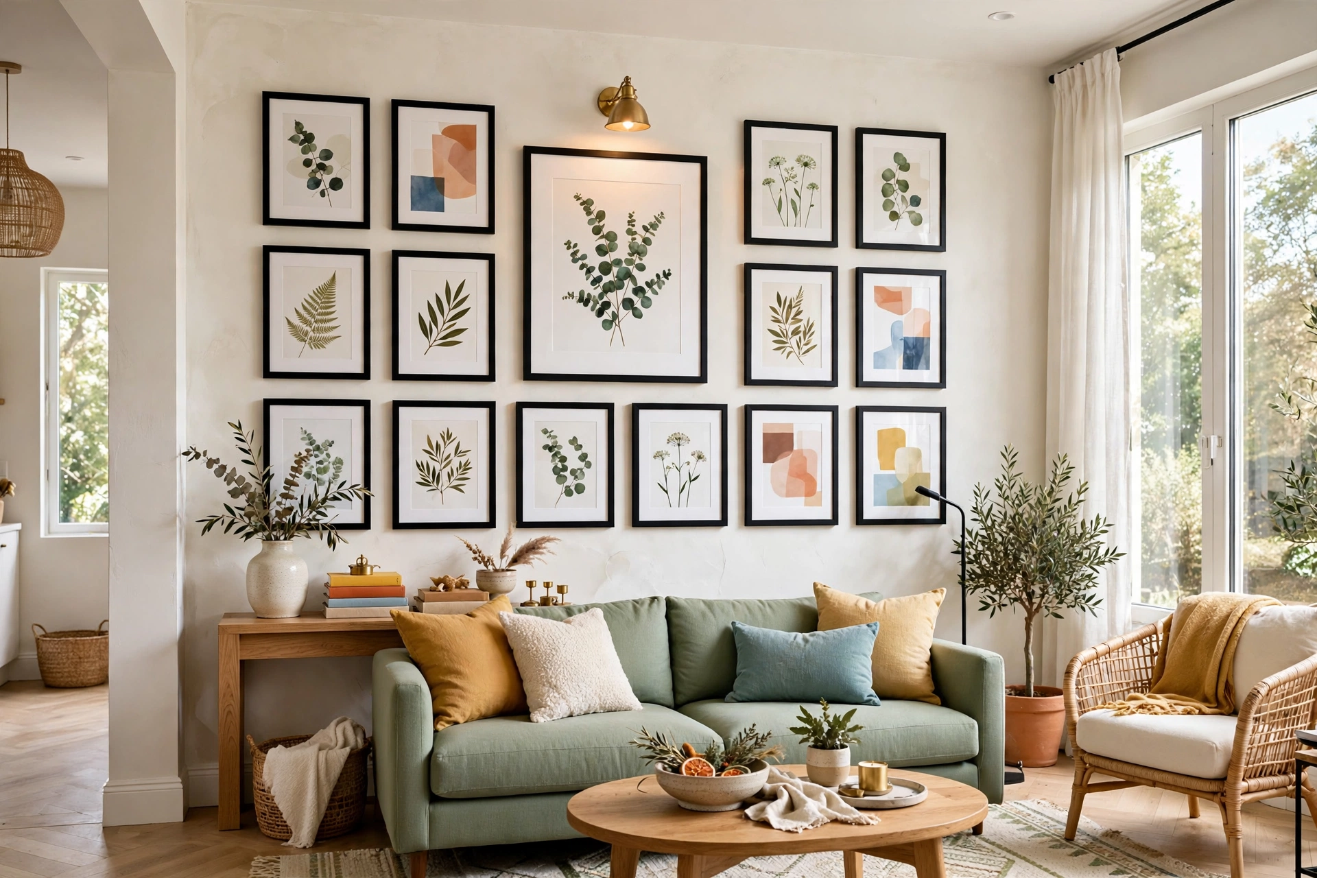 Bright living room wall with a gallery of matching framed art prints above a console table