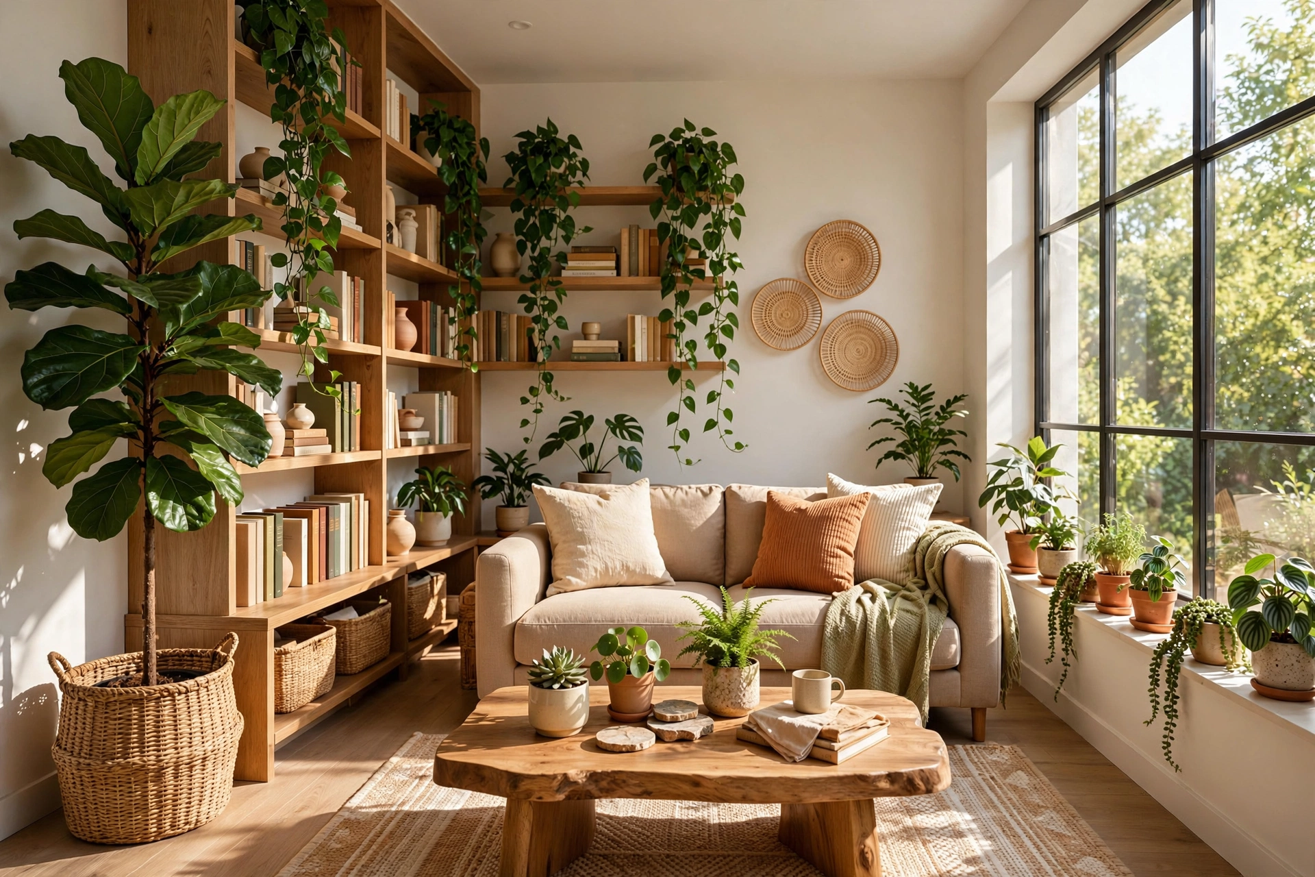 Bright living room corner with a large pothos plant in a woven basket and a small succulent on a shelf