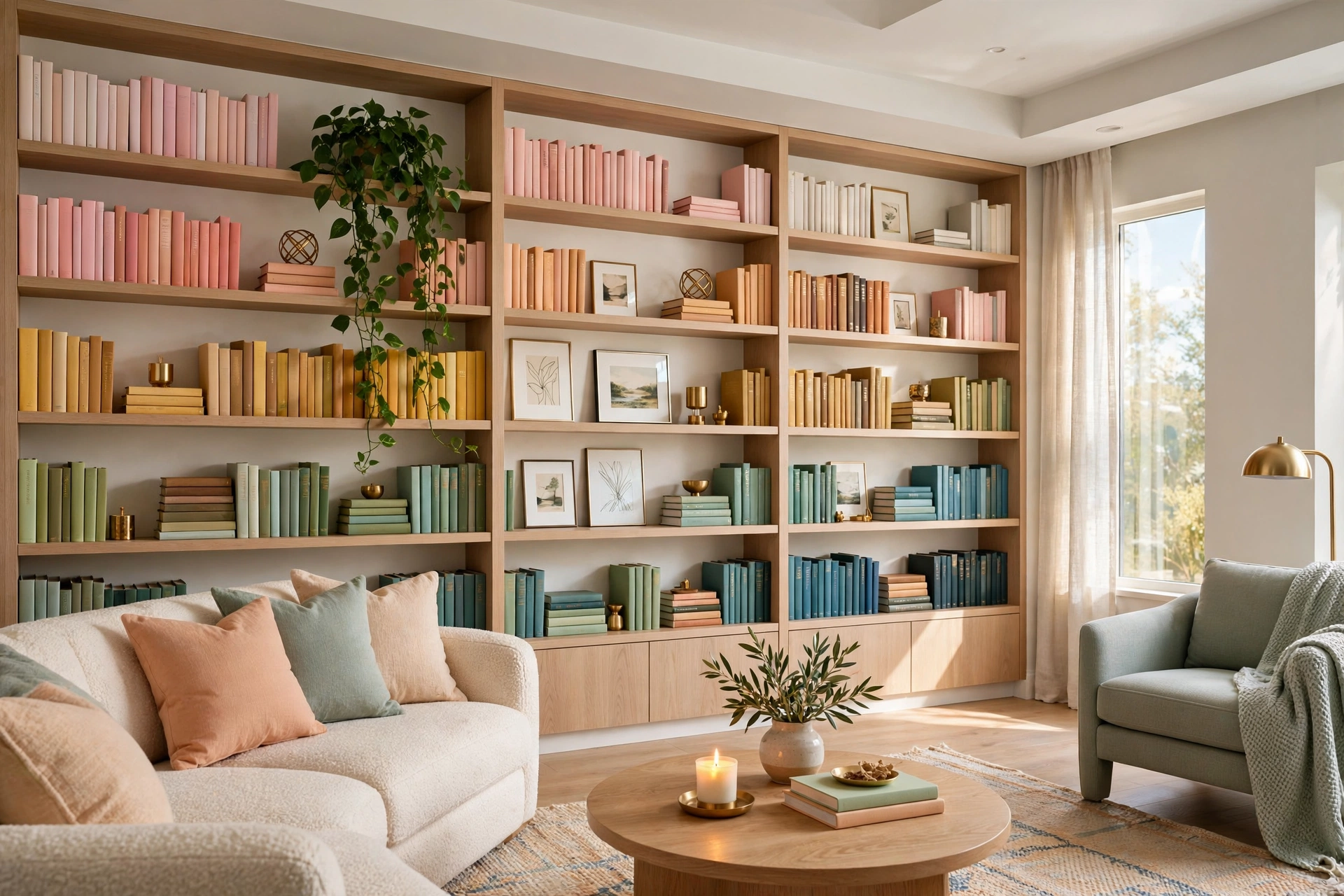 Bright living room shelves styled with stacked books, small vases, and leaning art in odd-numbered groups