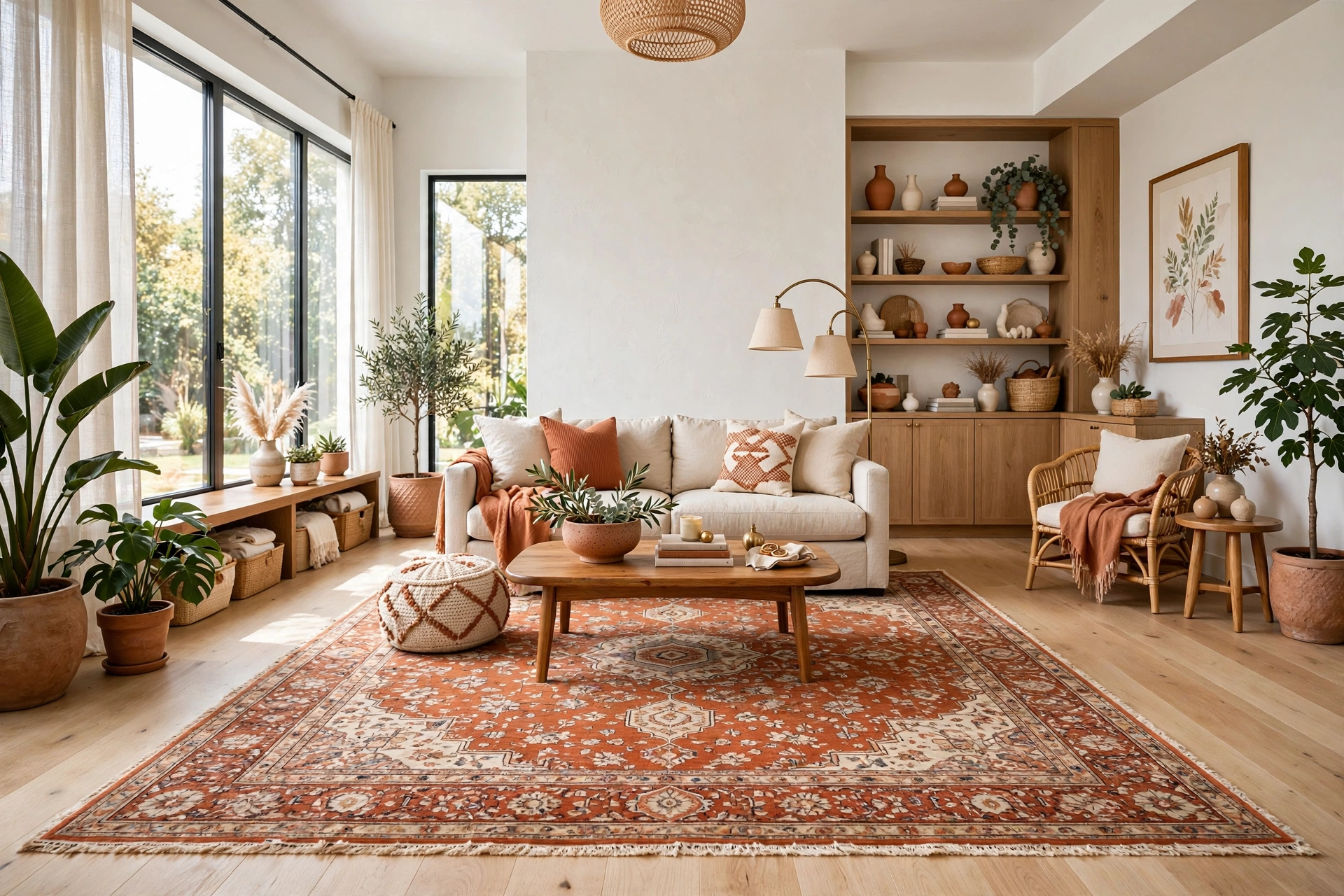 Bright living room with a large secondhand wool area rug anchoring the sofa and chairs