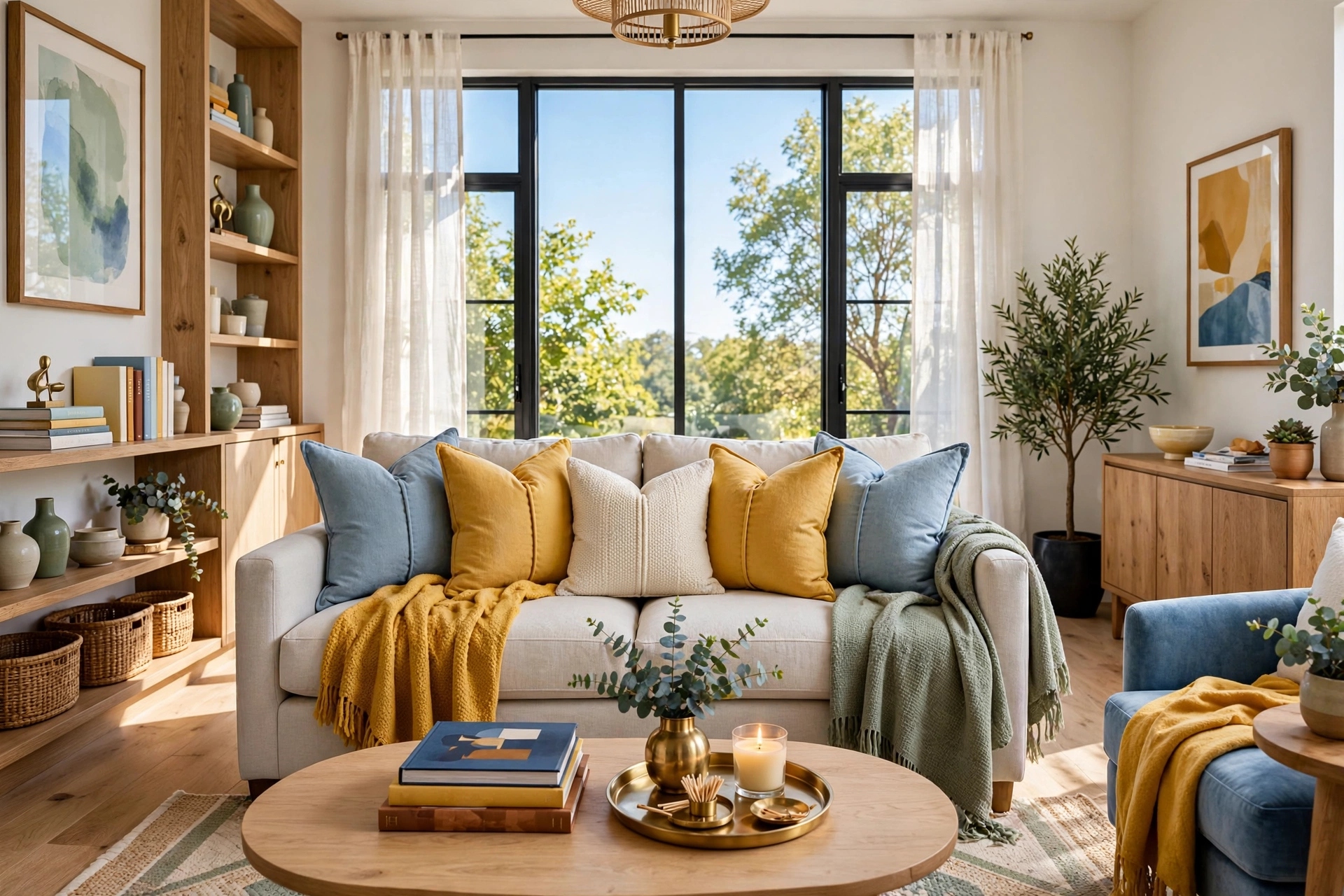 Bright living room in final styled reveal with fluffed pillows, straightened rug, and tidy surfaces