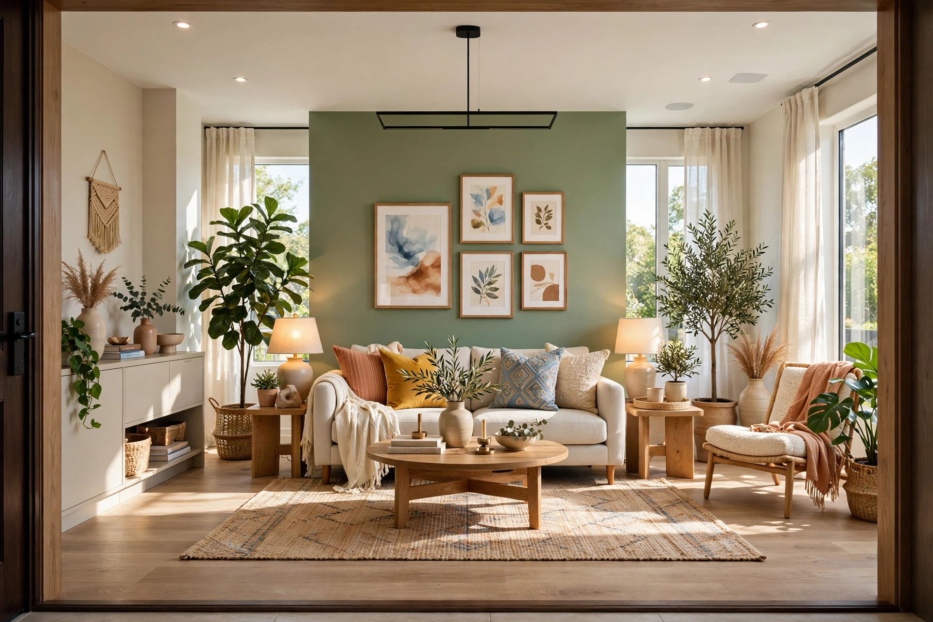 Bright living room photographed in daylight for a makeover reveal, wide view of the whole room