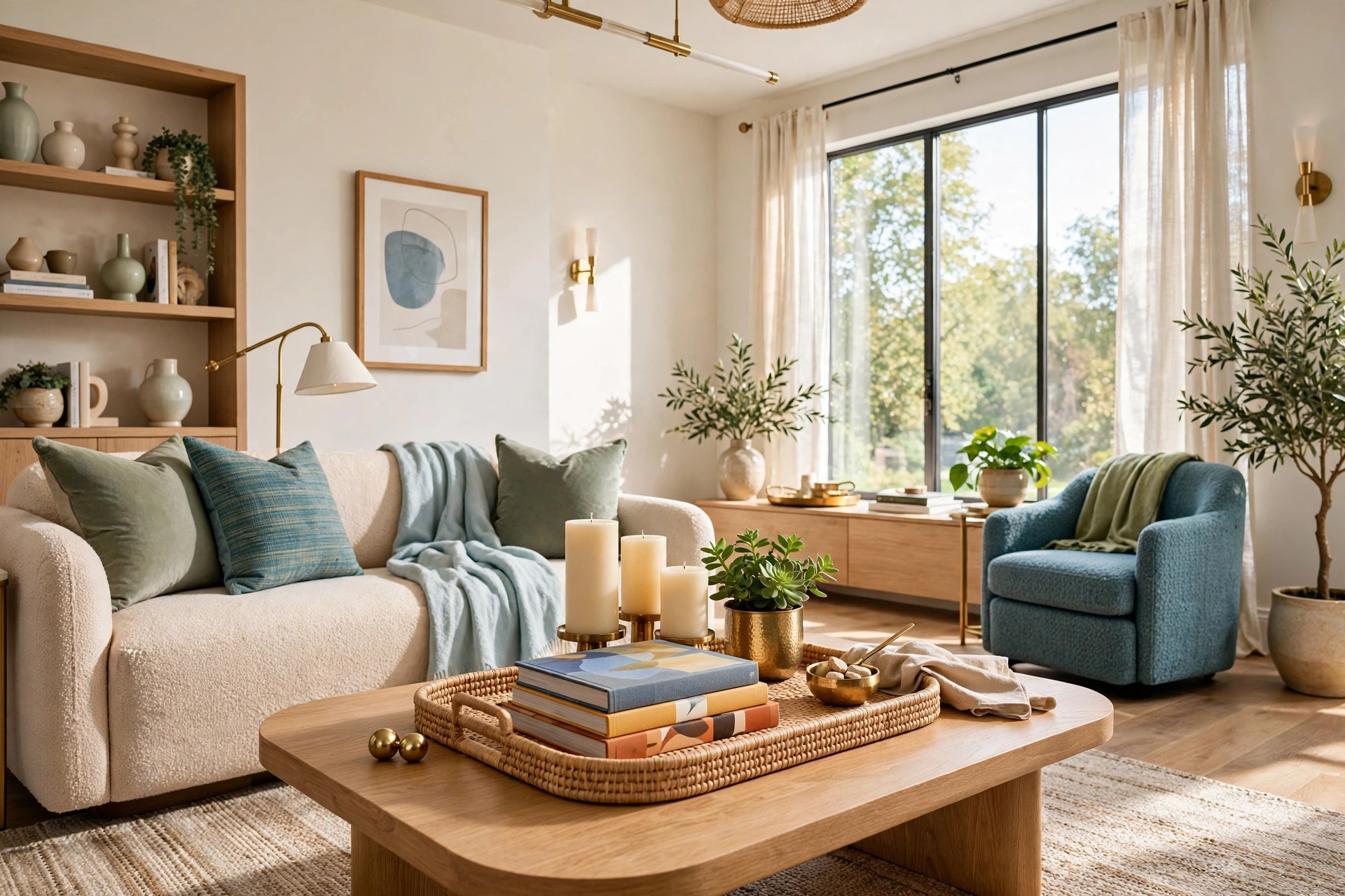 Bright modern living room with a beautifully styled coffee table as the hero, tray with books candles and greenery