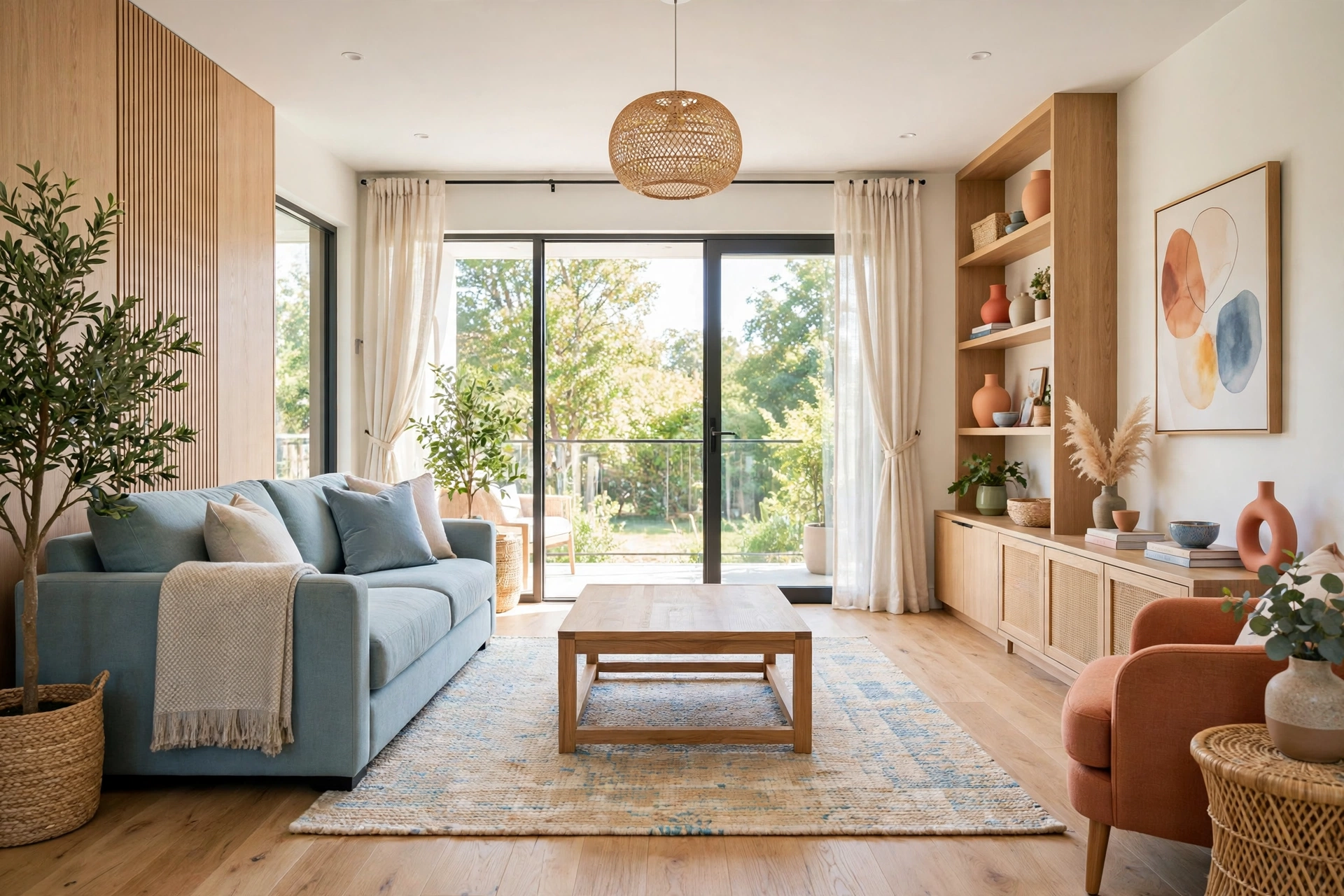 Bright modern living room with a completely cleared empty wooden coffee table ready for styling