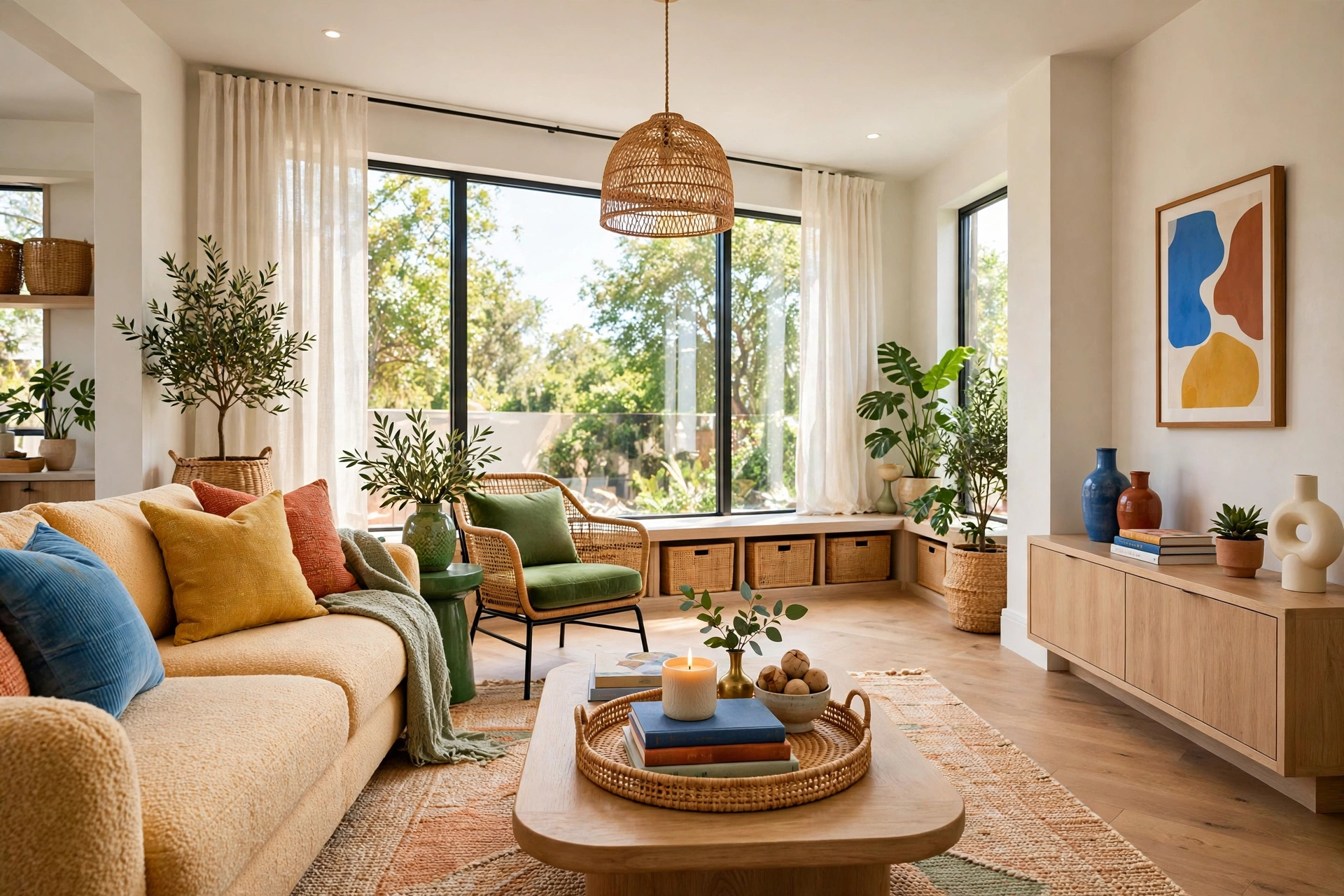 Bright living room with a woven tray anchoring a coffee table vignette of books and a candle
