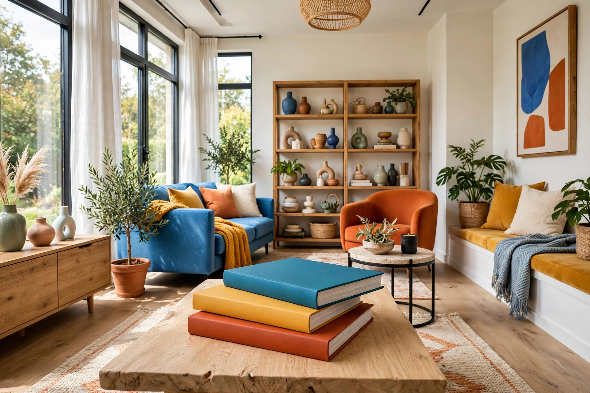 Bright living room coffee table with a casual offset stack of three large art and photography books