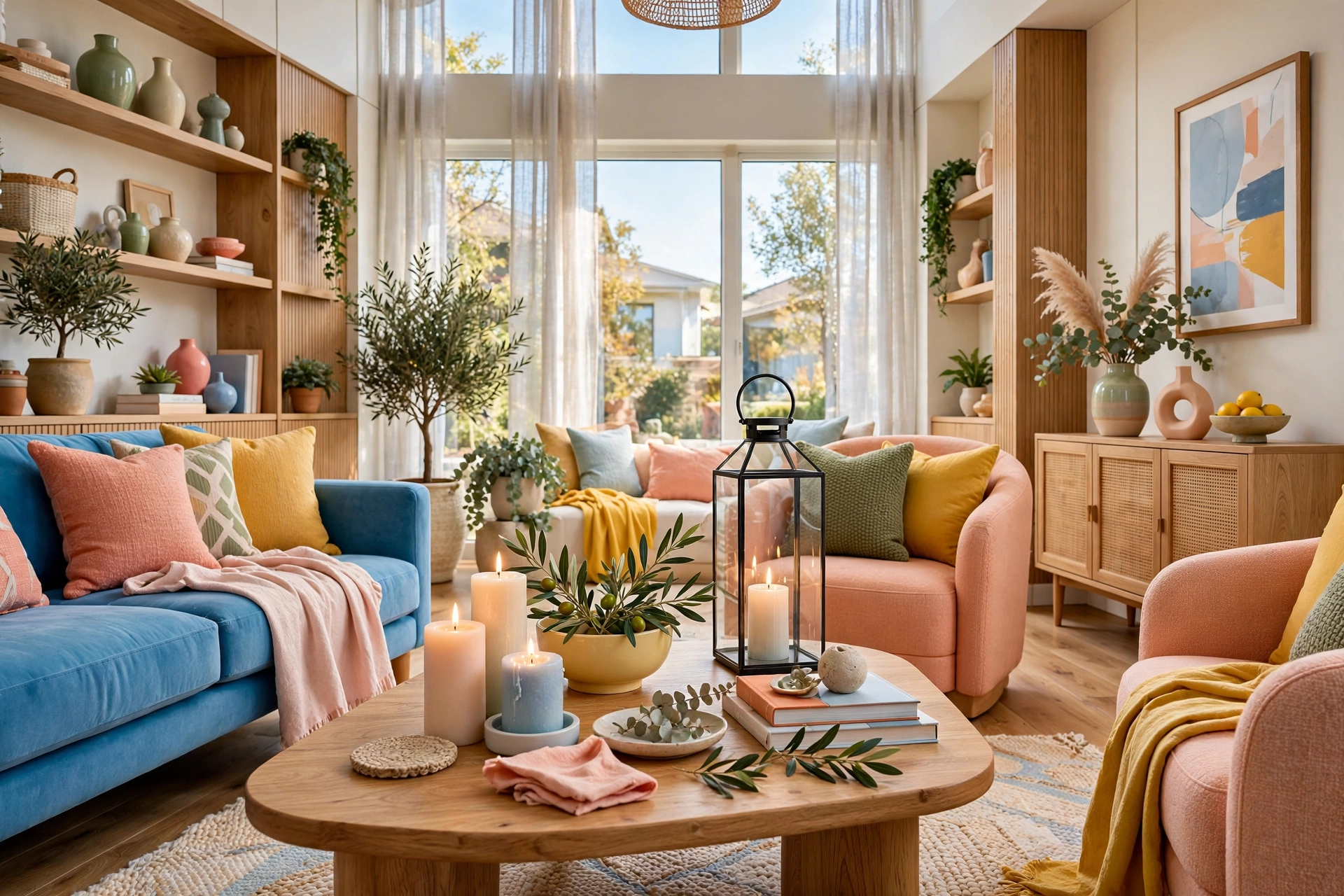 Bright living room with pillar candles and a lantern adding height to the styled coffee table