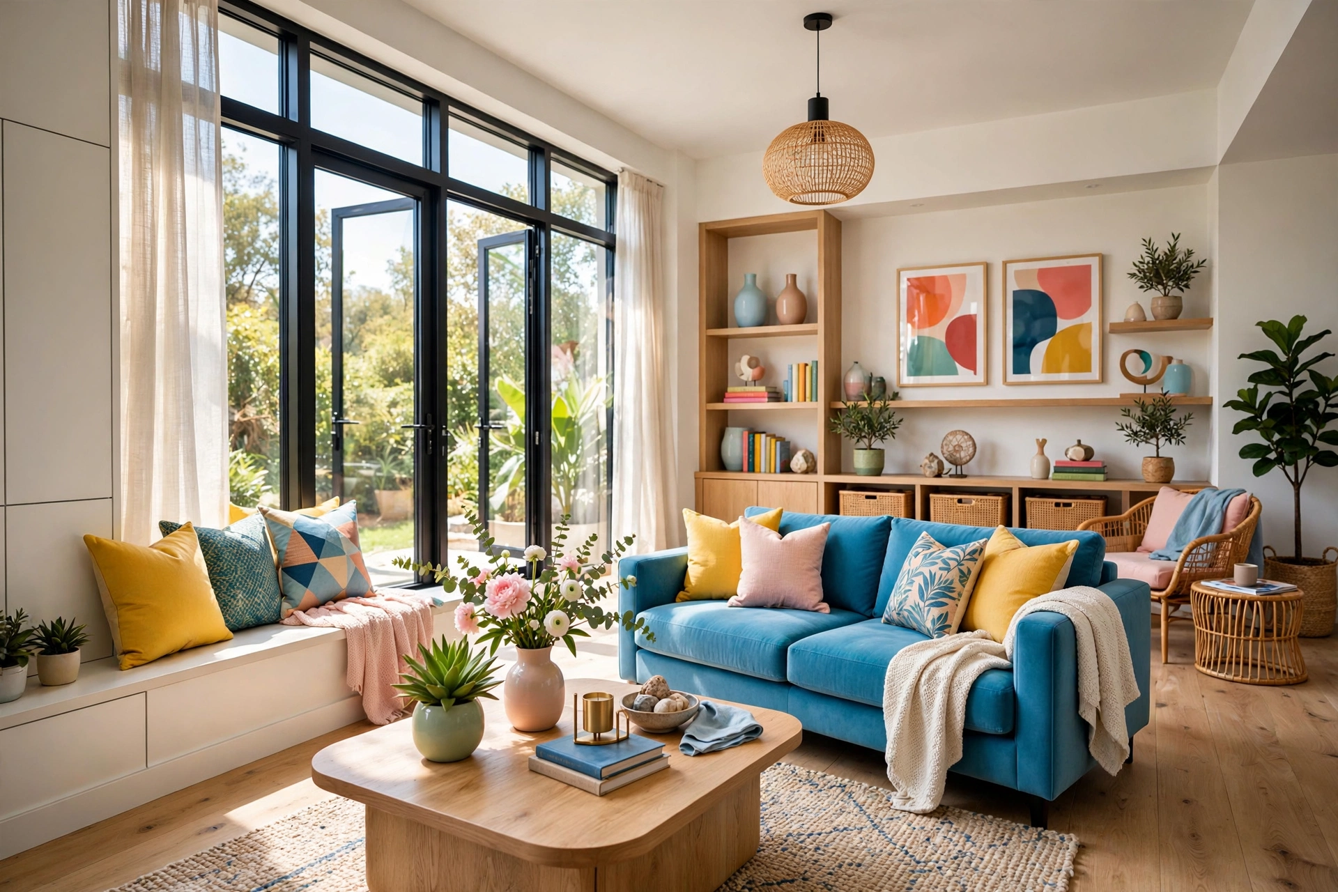 Bright living room coffee table styled with a small green plant and fresh flower stems in a vase
