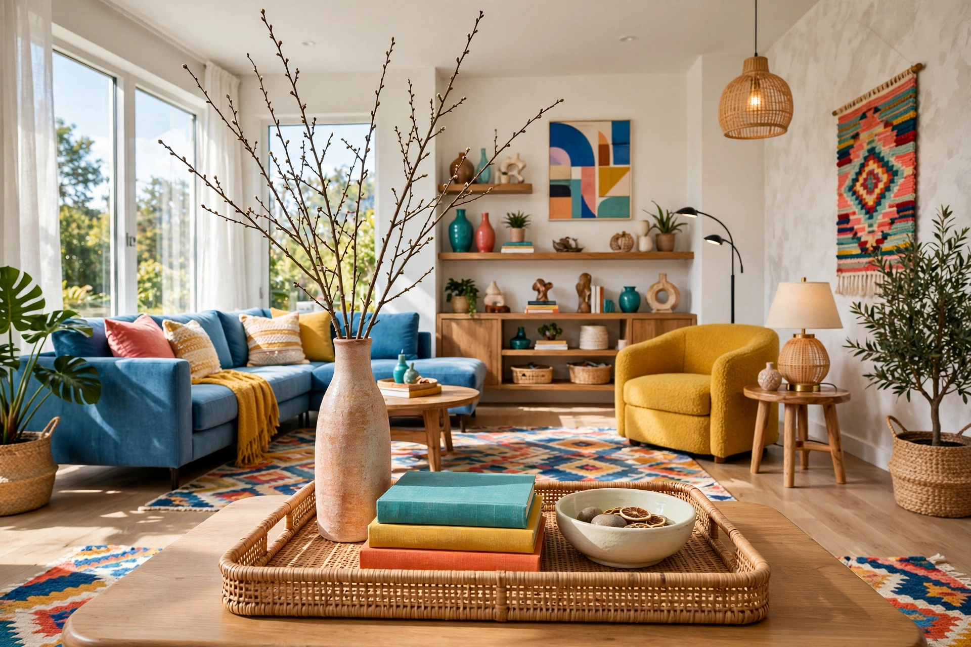Bright living room coffee table vignette layered in tall medium and low heights inside a tray