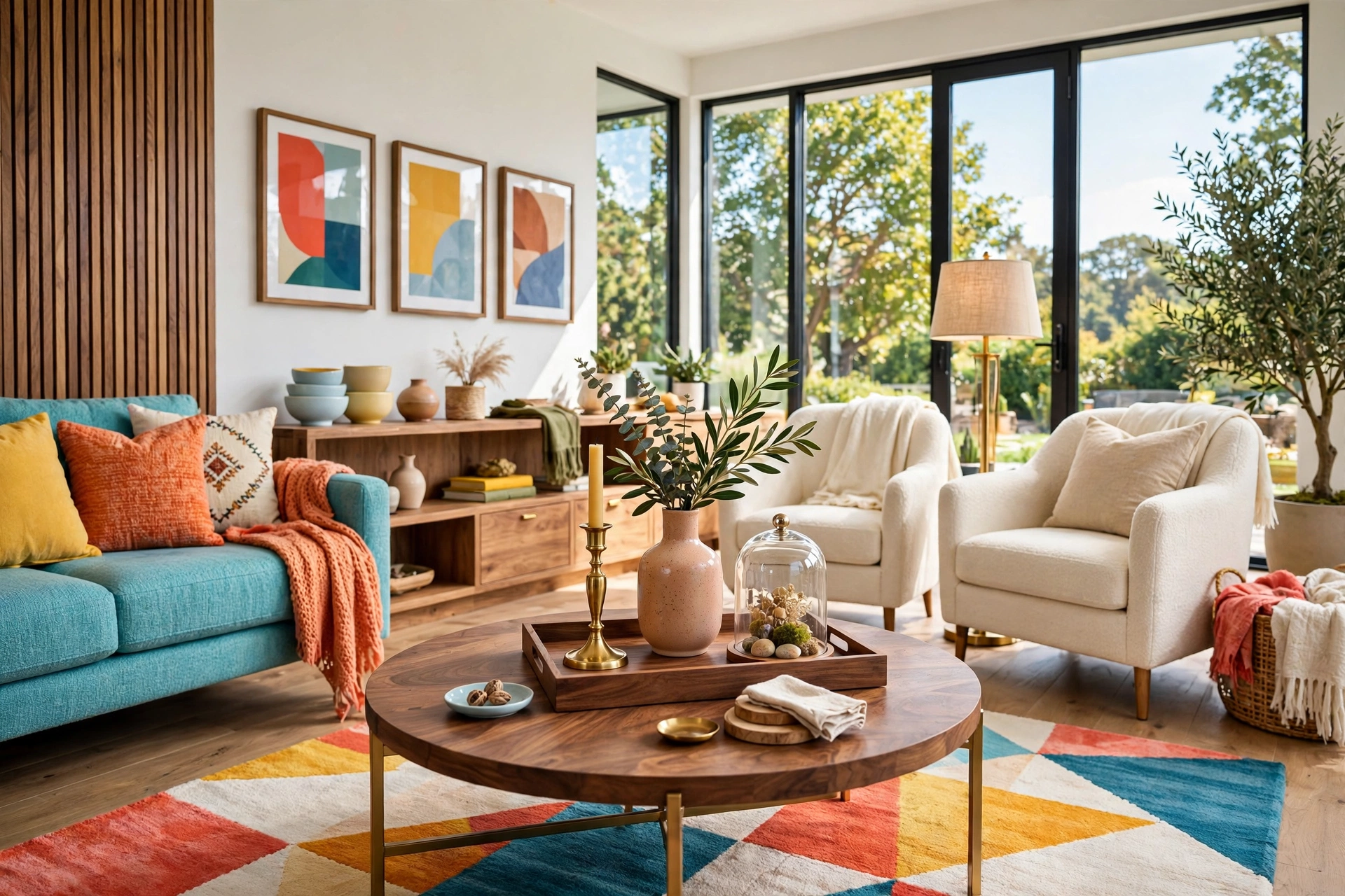 Bright living room coffee table mixing wood brass ceramic and glass materials in one tray