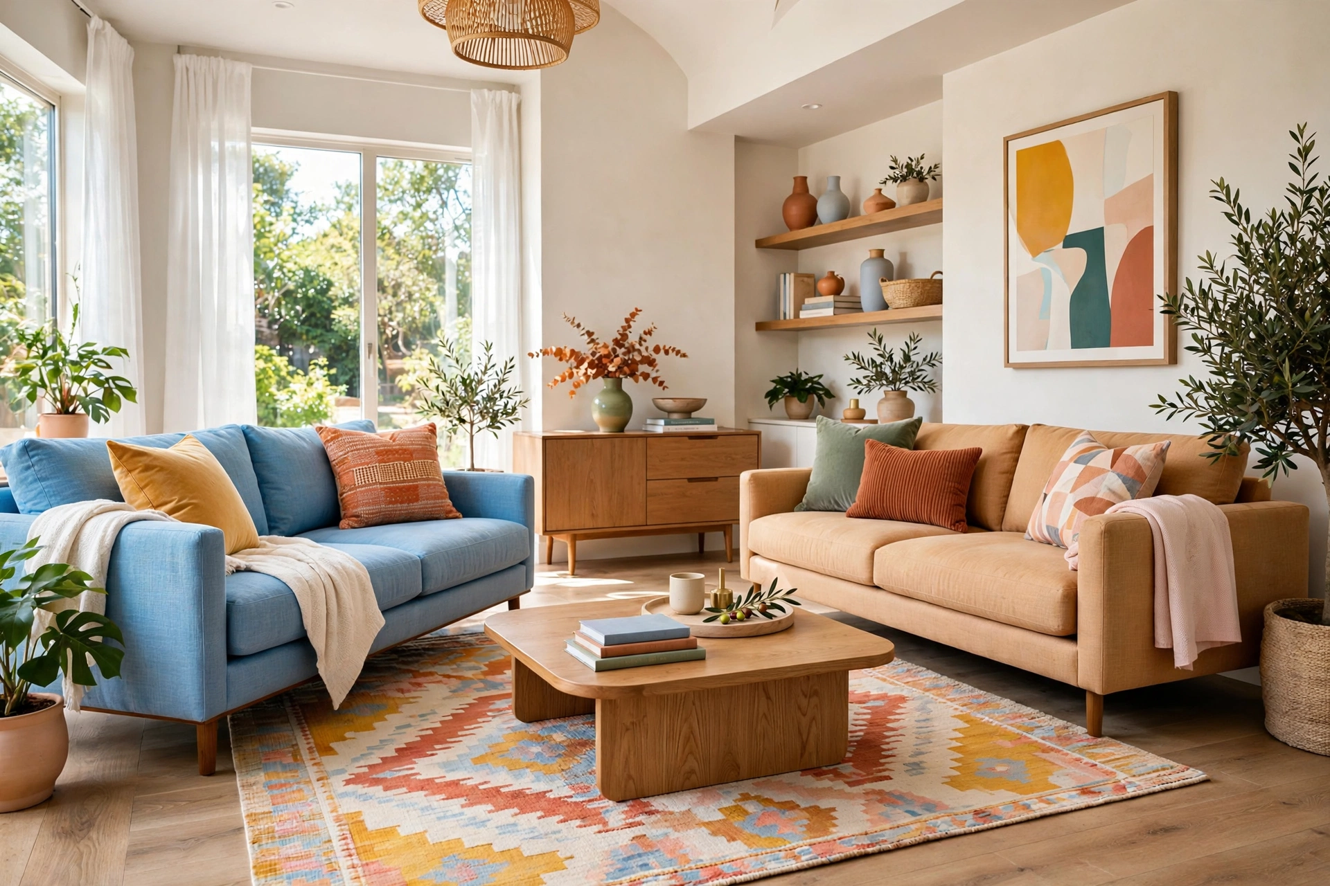 Bright living room with a low styled coffee table center keeping clear sightlines between sofas