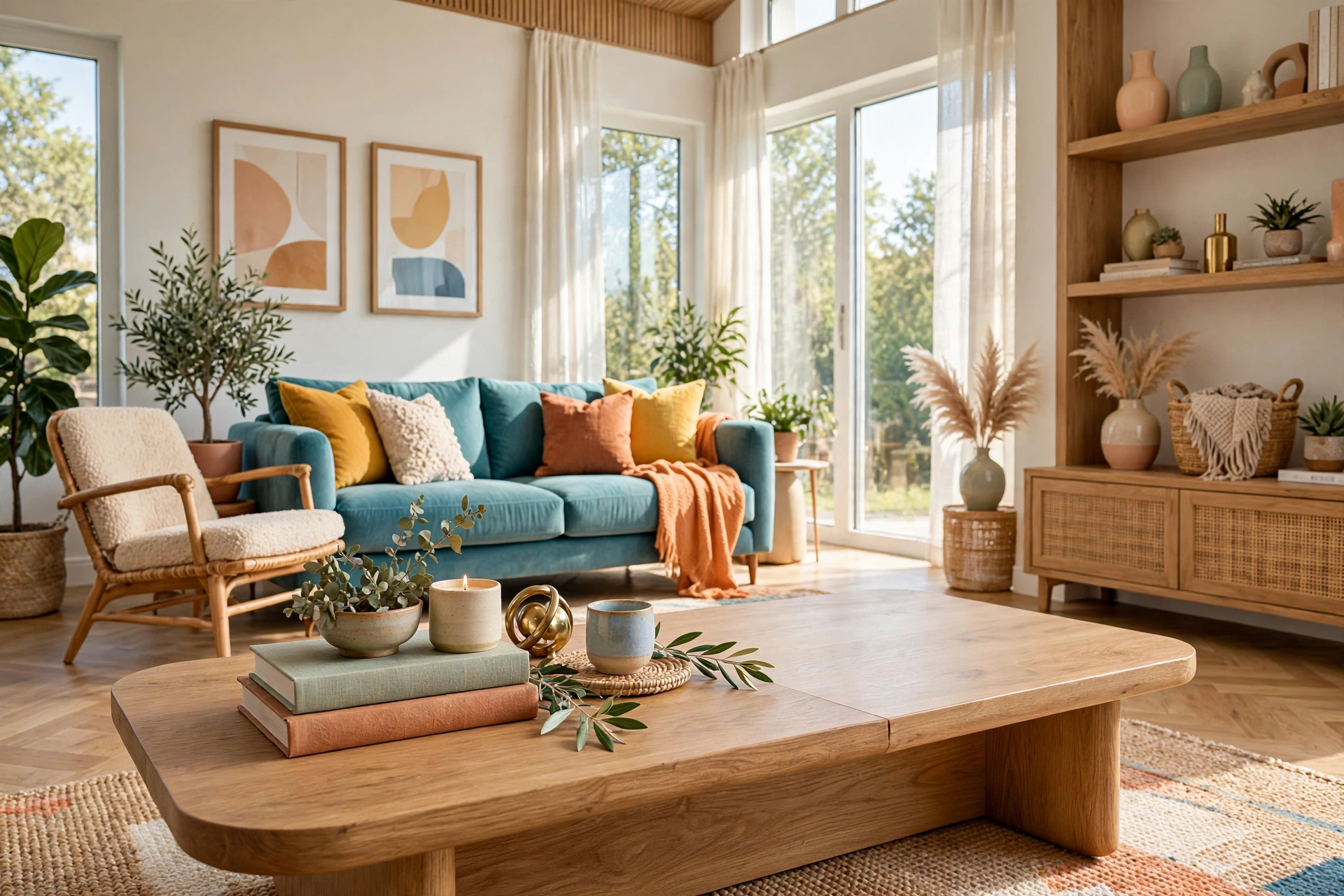 Bright living room coffee table styled on two-thirds of the surface with one-third left empty